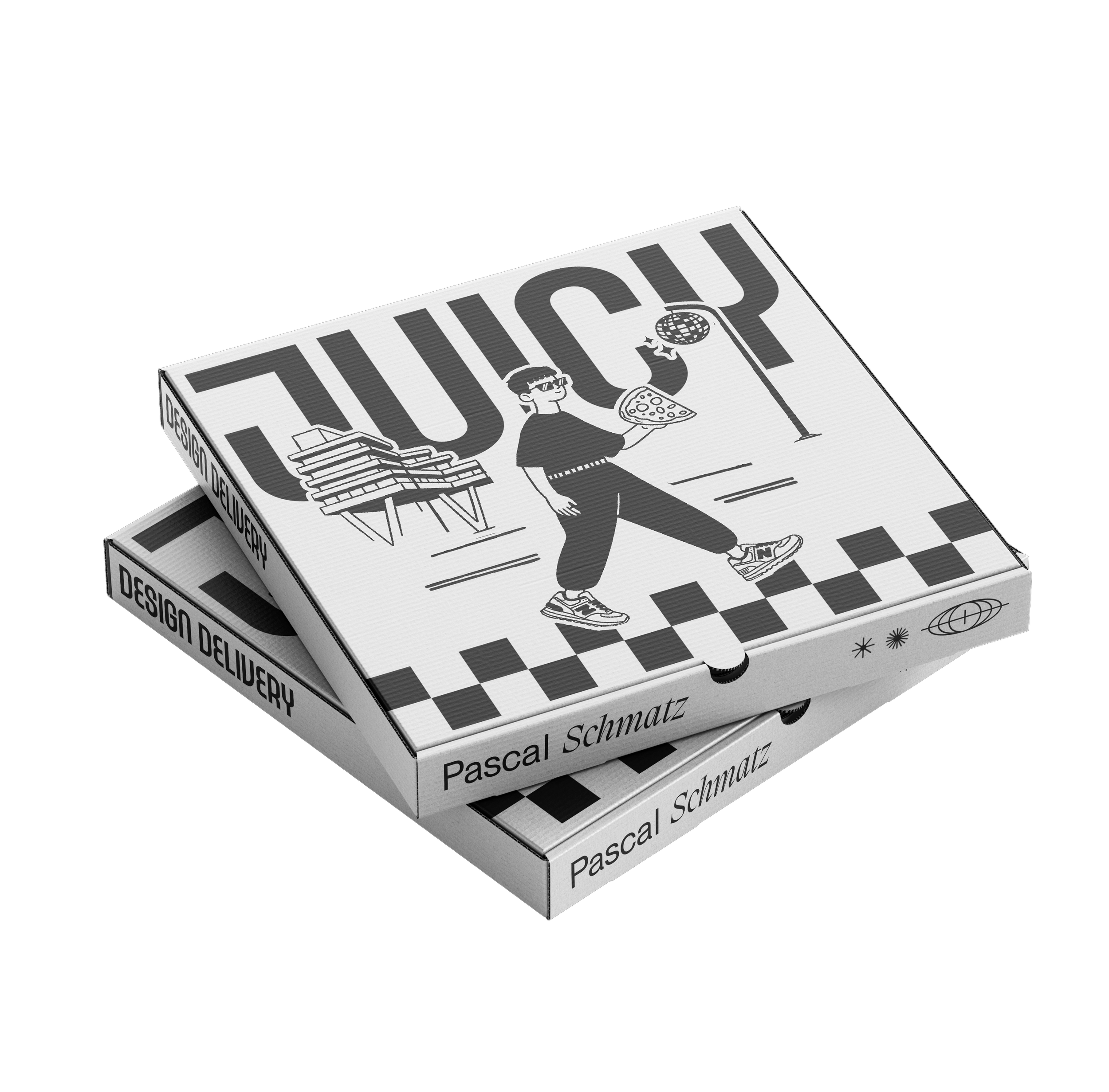 Dreistöckige Pizzaschachtel mit schwarz-weißen grafischen Illustrationen und Text, inklusive Figur, Pizza, Bücher, Weltkugel und Sternsymbole auf der Vorderseite.