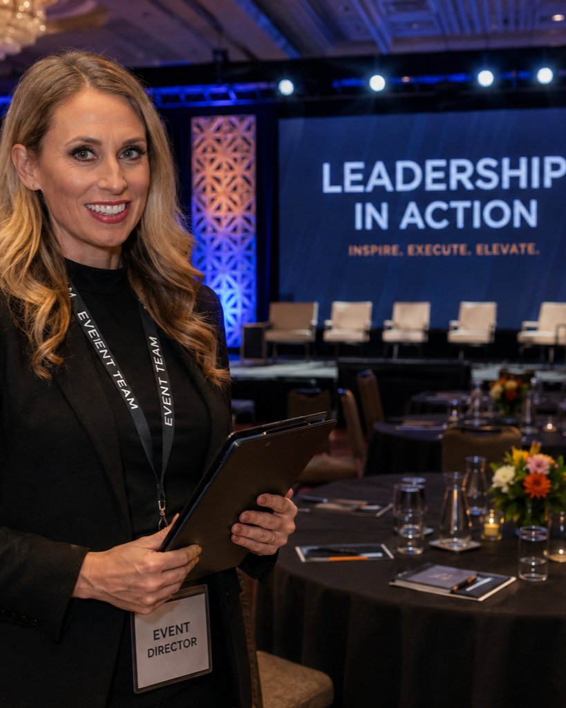 A woman with blonde hair smiling, wearing a black blazer and event badge that says 'Event Director', holding a tablet, standing in a conference room with a large screen displaying 'Leadership in Action' in the background.