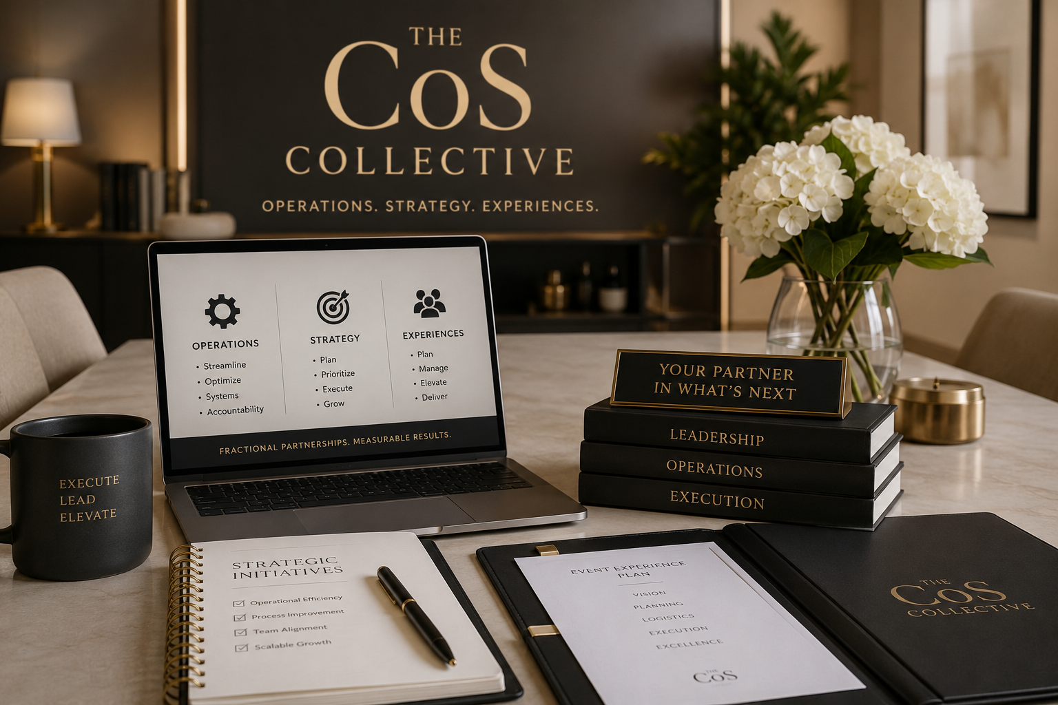 Business conference table setup with a laptop displaying operations, strategy, and experiences, a stack of black books with gold lettering, a black coffee mug with words 'Execute, Lead, Elevate', a notepad titled 'Strategic Initiatives' with checklist, a folder labeled 'The CoS Collective', a sign stating 'Your Partner in What's Next', a vase of white flowers, and various office decor in the background.