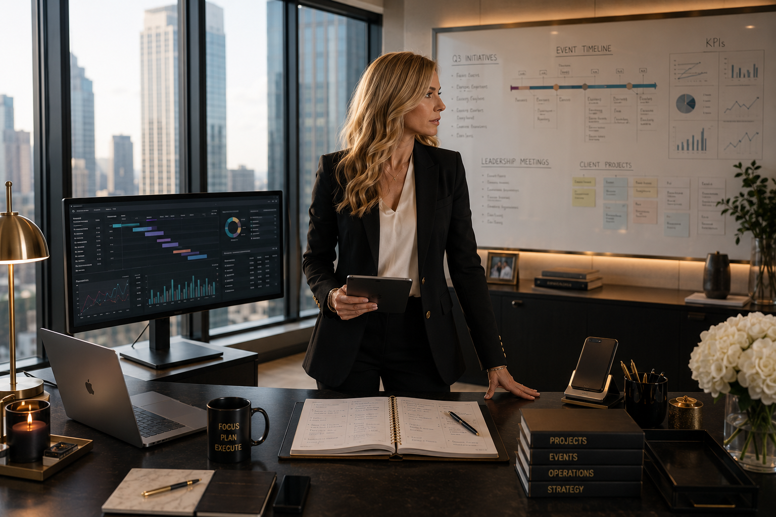 Businesswoman in a black blazer standing at her office desk with a tablet in hand, looking to her right, with a large window showing a city skyline behind her. The desk has a laptop, notebooks, a coffee mug with 'Focus Plan Execute' written on it, and decorative items. The background features a whiteboard with charts and notes.
