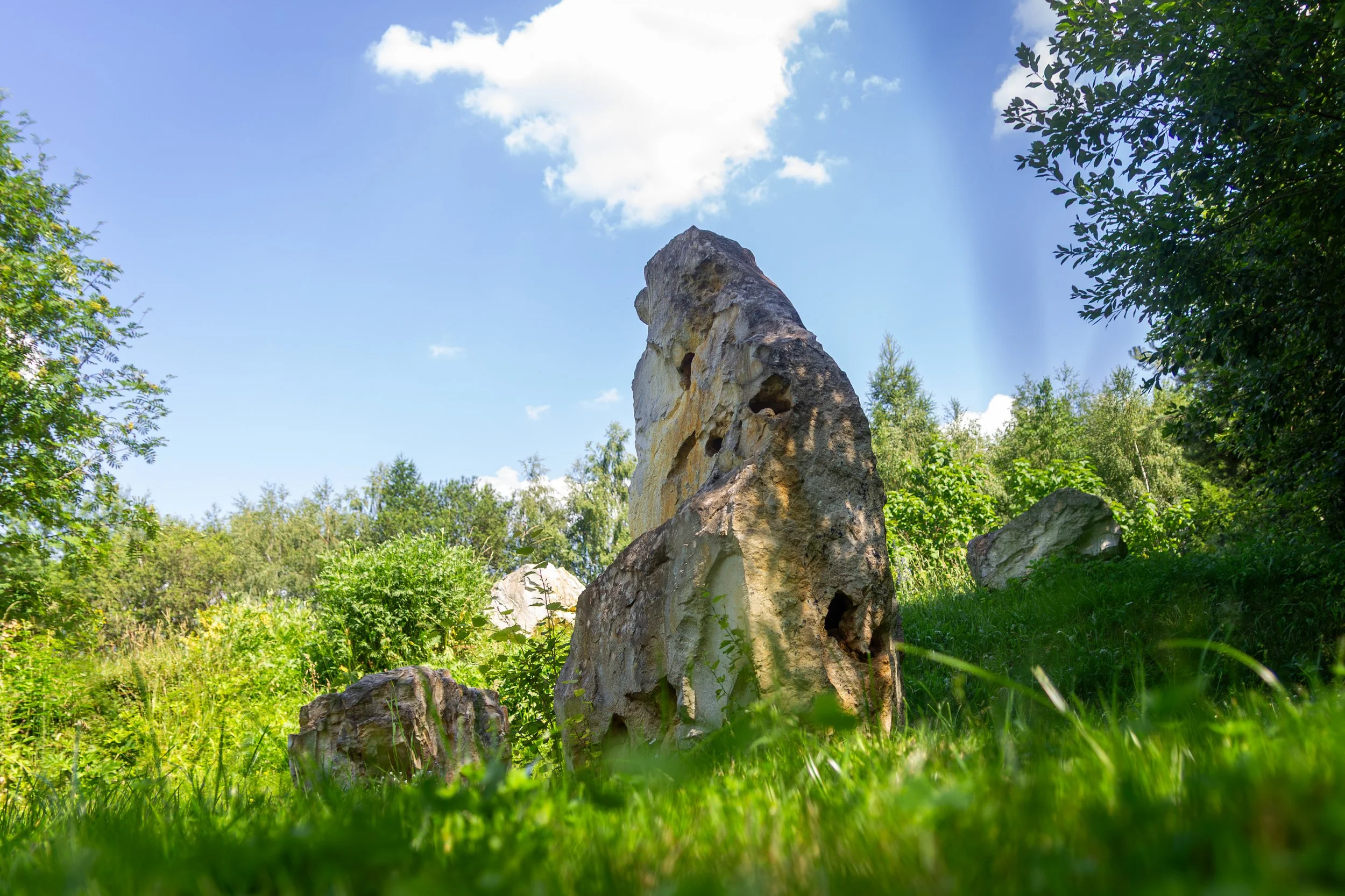 A large, weathered stone standing upright amid smaller rocks and lush green grass, surrounded by dense trees and bushes under a partly cloudy blue sky.
