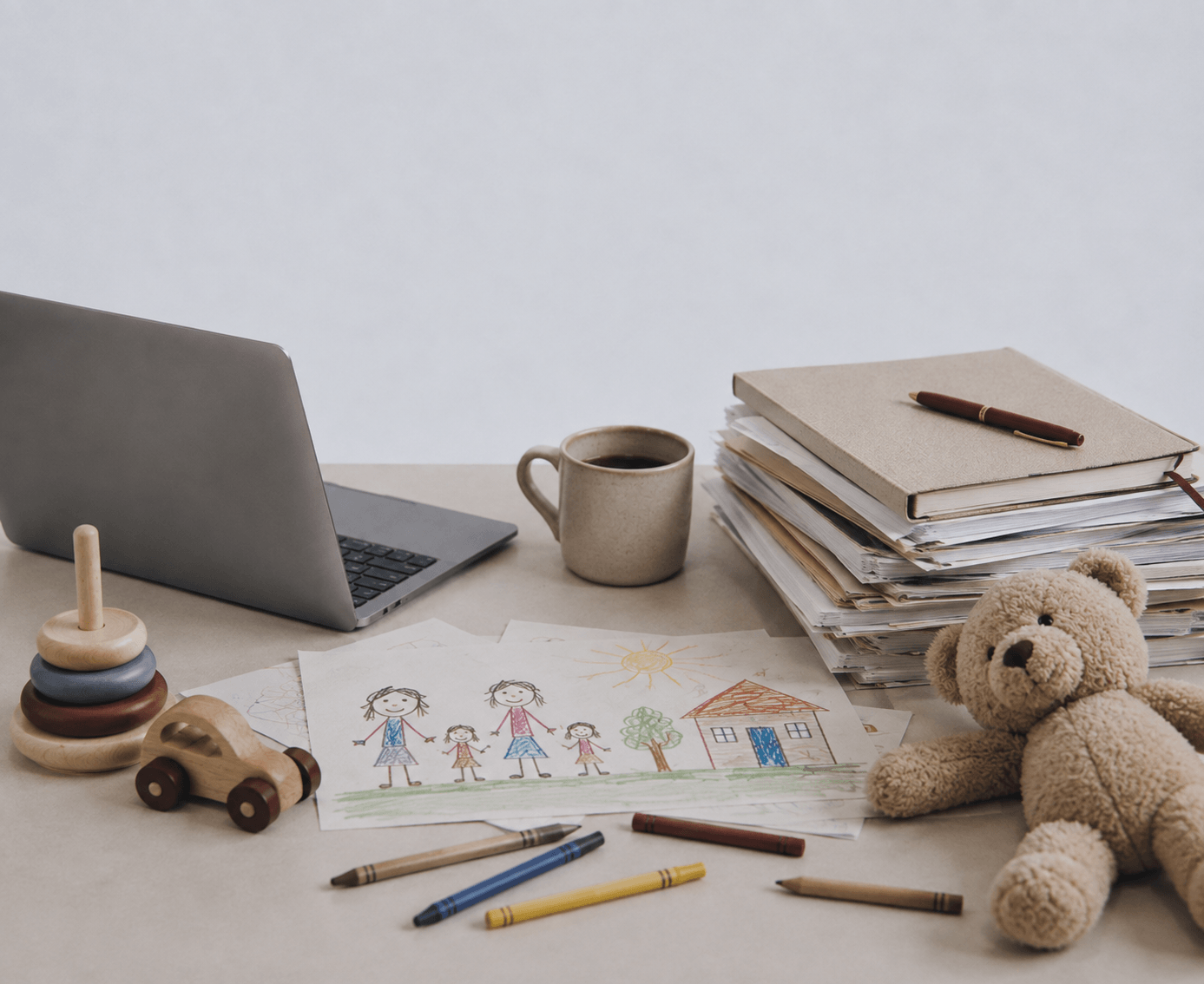A cluttered desk with a laptop, a stacked pile of papers and folders, a ceramic mug filled with coffee, children's drawings, a teddy bear, colorful pens, a toy car, and a wooden stacking toy.