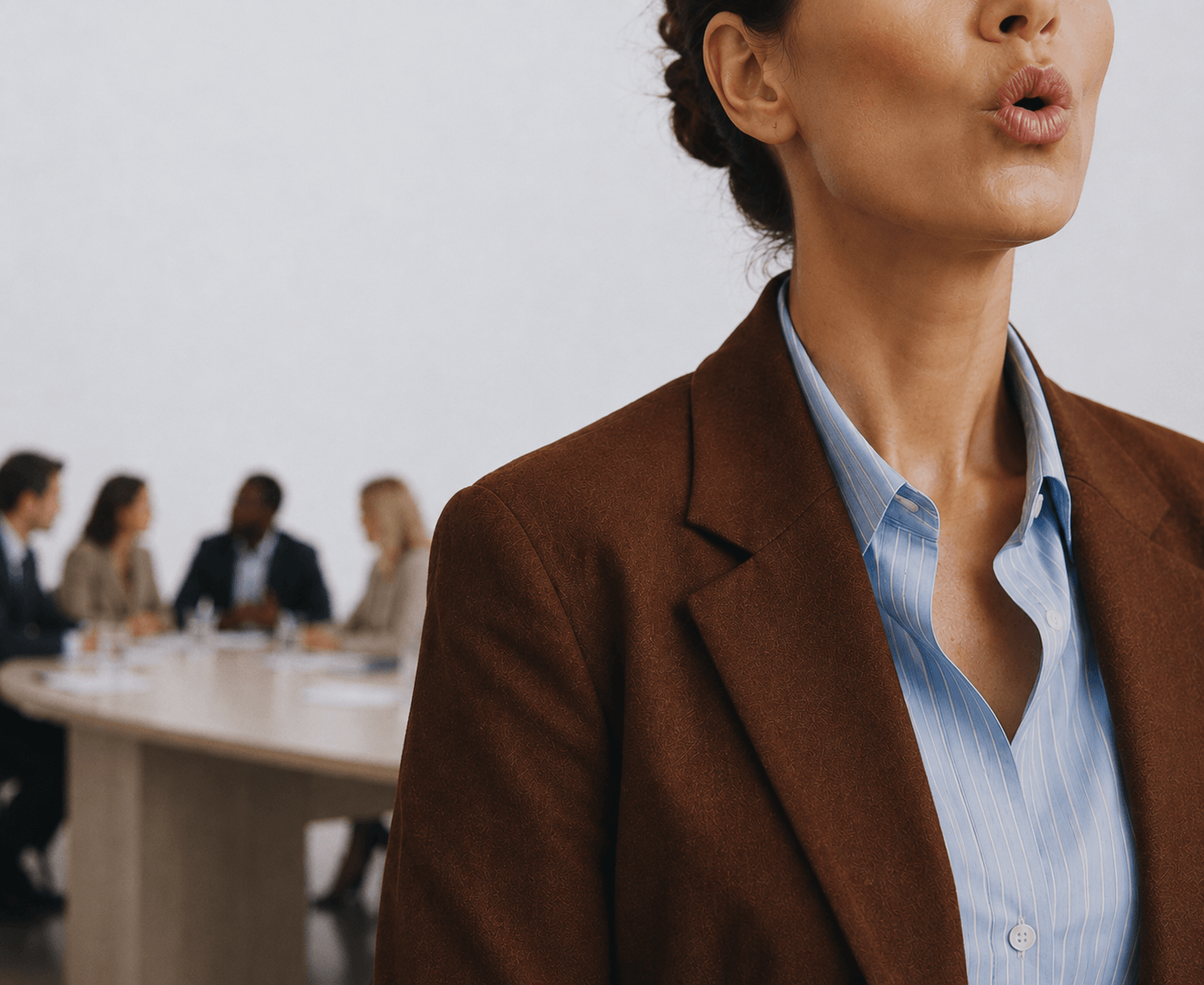 Close-up of a woman in business attire with a group of people in the background at a conference table