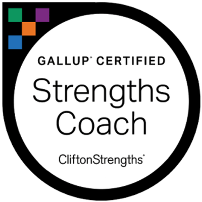 Gallup Certified Strengths Coach badge with CliftonStrengths logo at the bottom, featuring a black border and four small colored squares in the top left corner.