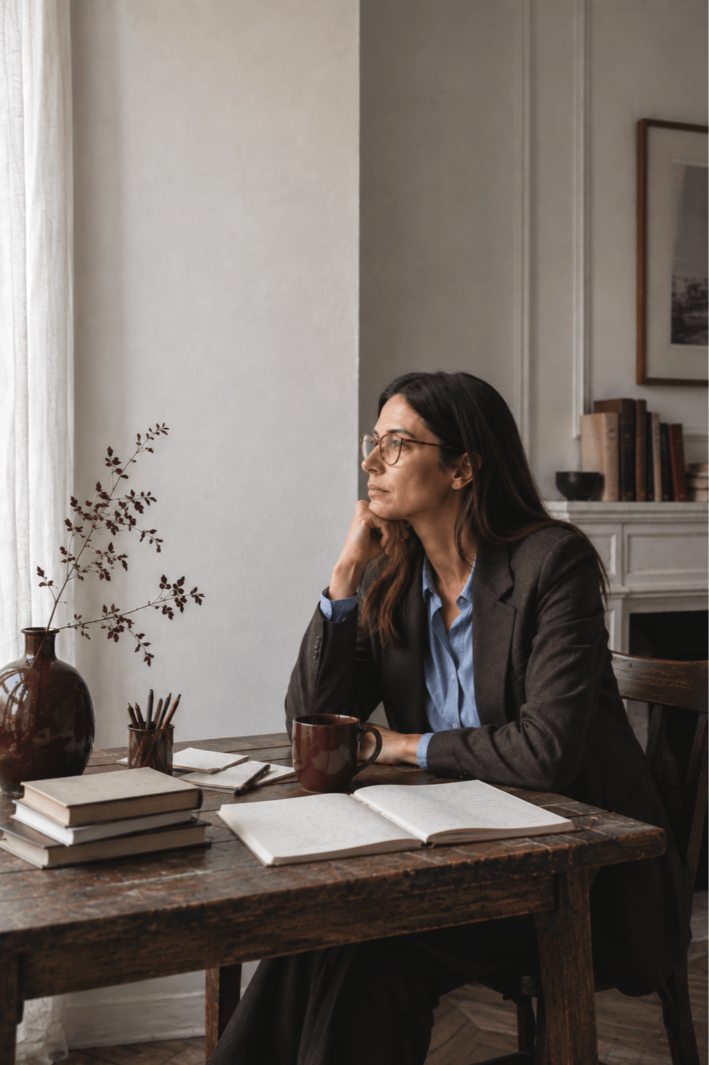 A woman in a business suit and glasses sitting at a wooden table, with an open notebook, a stack of books, a mug, and a small potted plant on the table, looking thoughtfully to the side.