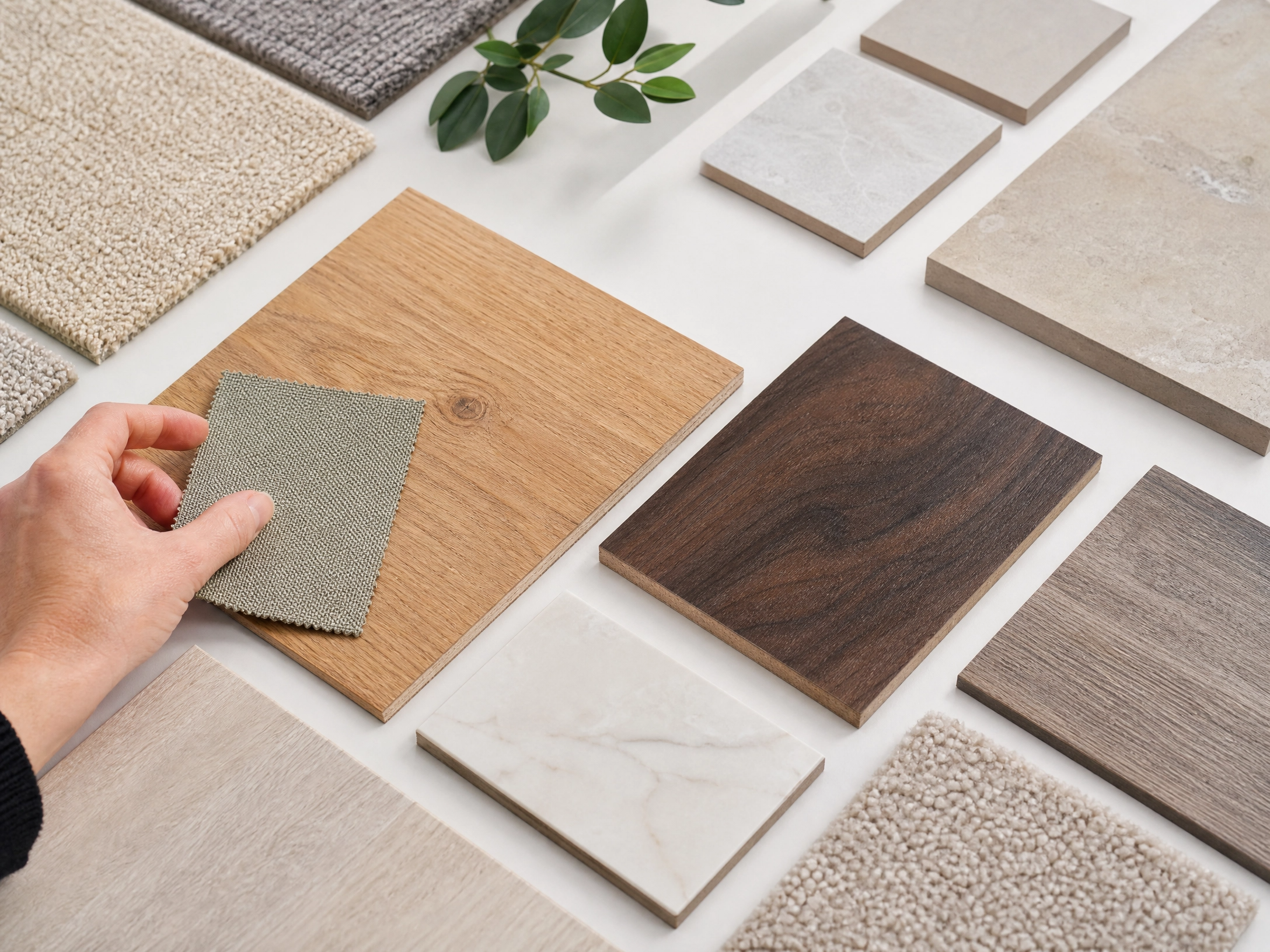 Various sample materials for interior design, including fabric swatches, wood samples, tile pieces, and carpet tiles, arranged on a white surface, with a hand holding a fabric swatch.