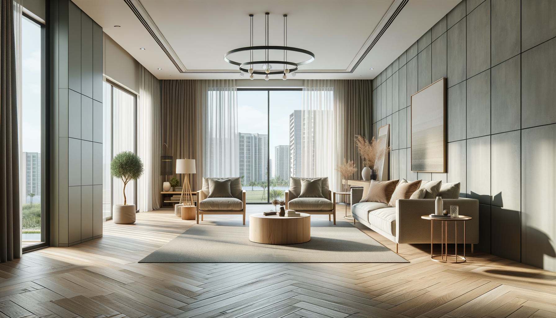 Modern living room with large windows, beige sofa, armchairs, round coffee table, side tables, potted plant, vases, and artwork, illuminated by natural sunlight.