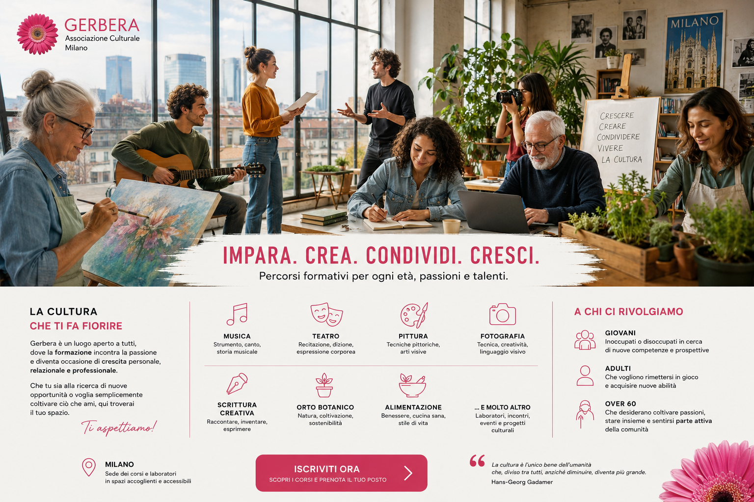 Creiamo  con le persone che entrano a far parte di Gerbera una vera community incentrata sullo scambio di informazioni, di relazioni volte  a socializzare  nei vari ambienti artistici