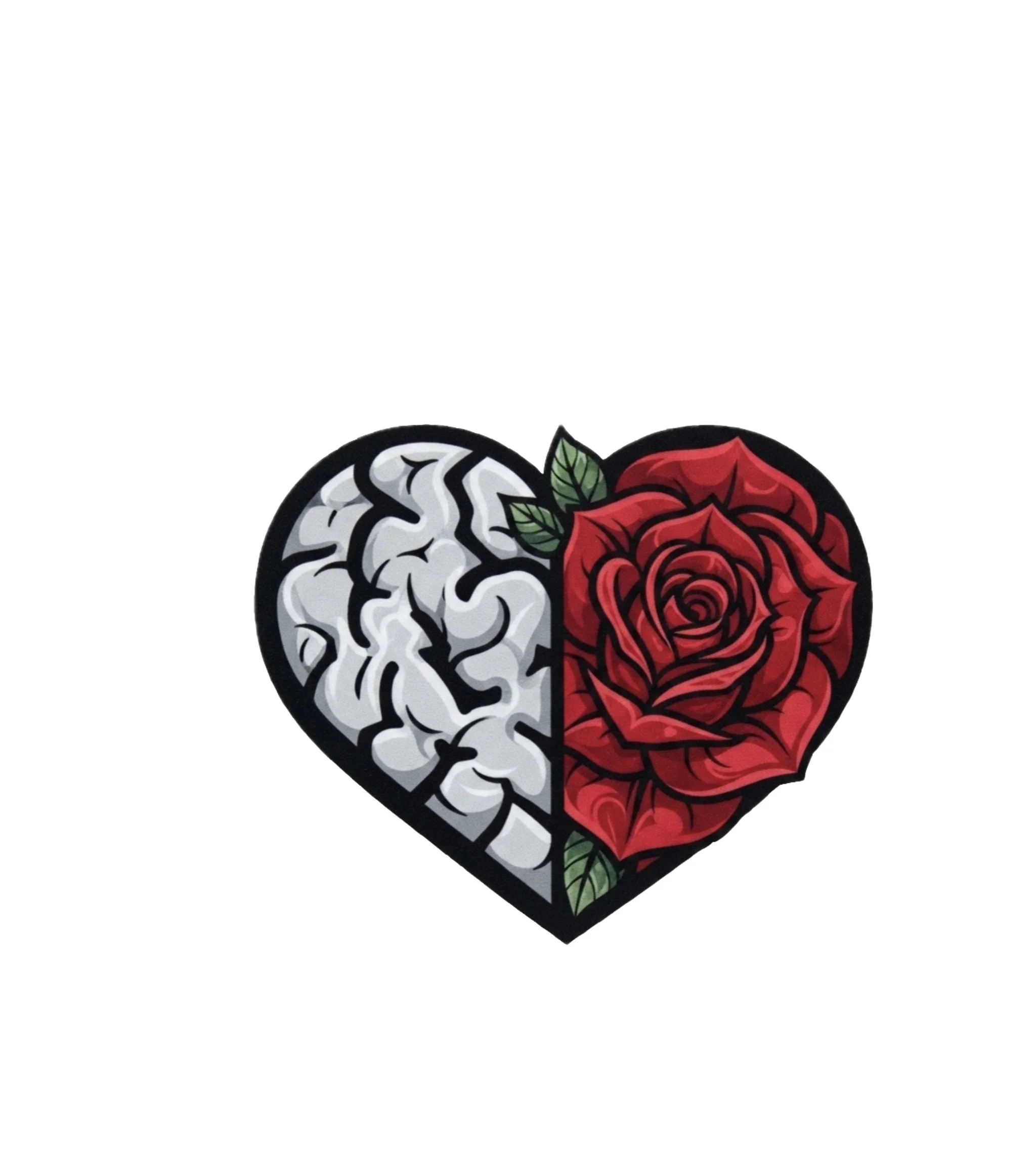 A heart-shaped design split into two halves: one side depicts a white brain with black outlines, the other side features a detailed red rose with green leaves.