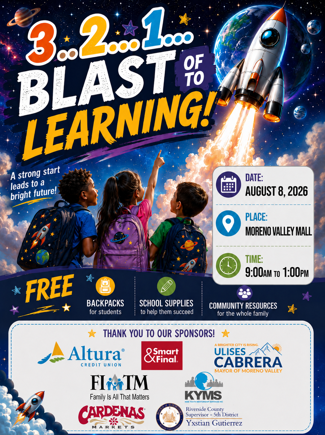Children with backpacks looking at a rocket launching in space, with planets, stars, and the Earth in the background, promoting a learning event.
