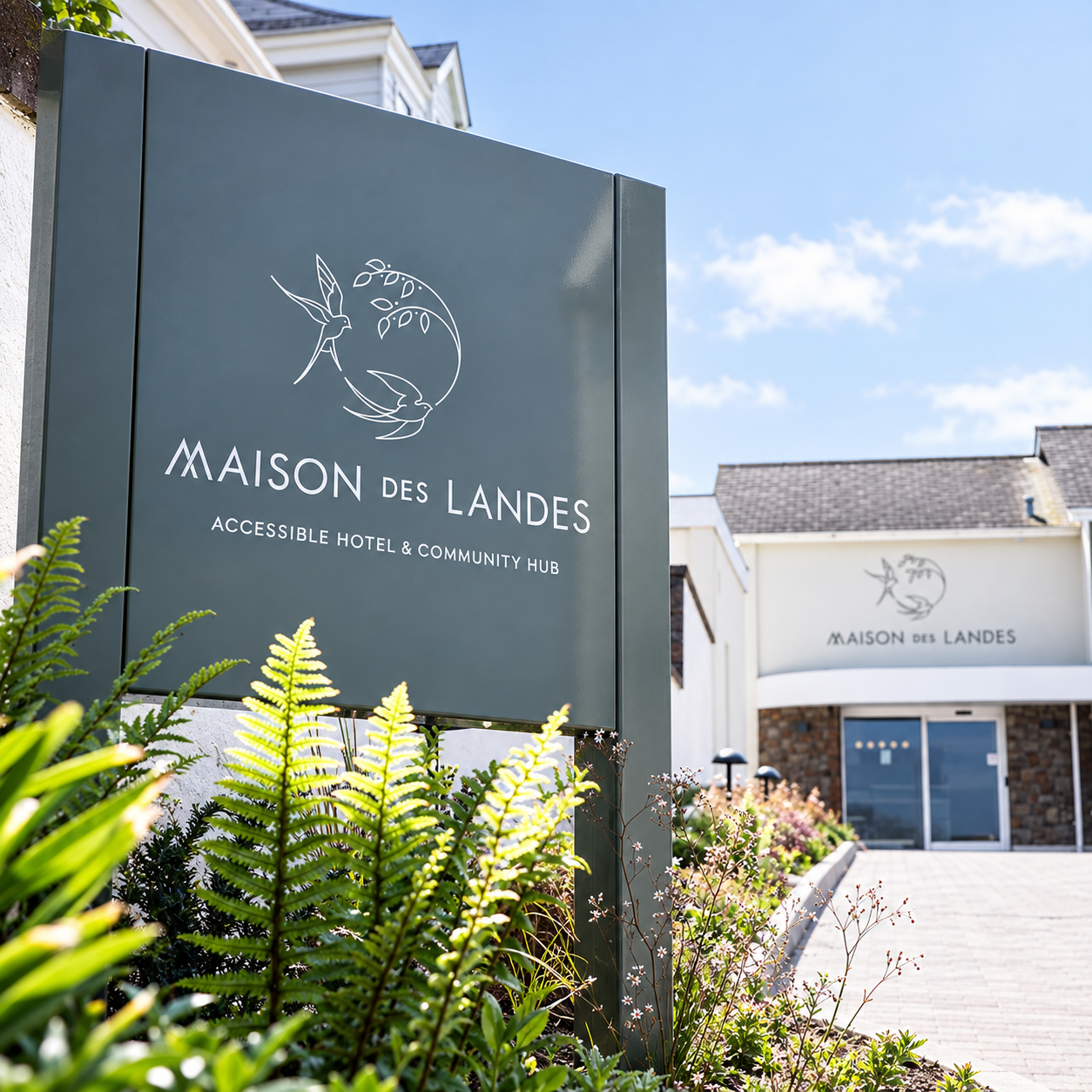 Outdoor sign for Maison des Landes, a hotel and community hub, with a logo of two birds and a branch, surrounded by plants, under a partly cloudy sky.