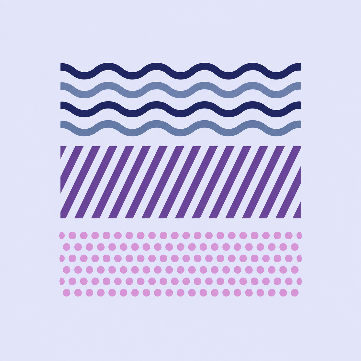 Abstract pattern with three wavy lines at the top in dark blue and light blue, a purple diagonal stripe pattern below, followed by pink polka dots at the bottom on a light background.