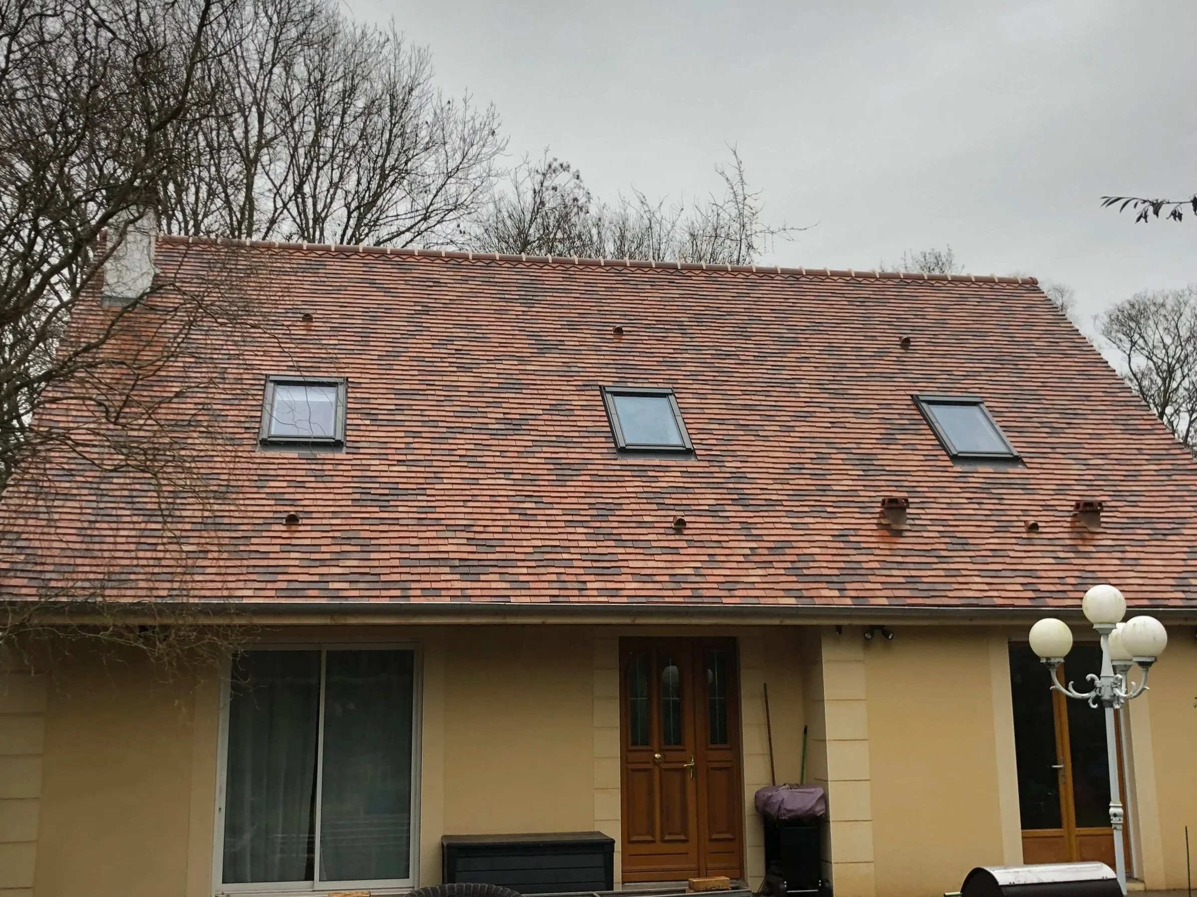 Façade d'une maison avec un toit en tuiles rouges, deux fenêtres de toit et une porte en bois, entourée d'arbres sans feuilles, sous un ciel nuageux.