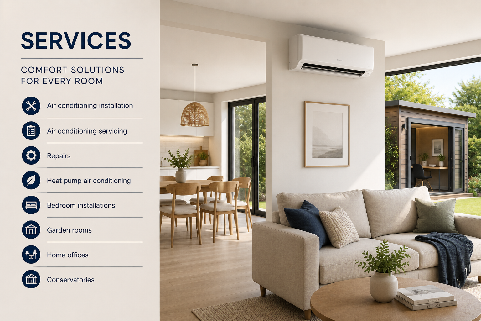 Living room with a beige couch, pillows, a coffee table with a plant and magazines, a dining area with a round table and wooden chairs, sliding glass doors leading outside, and an air conditioning unit on the wall. An informational sign listing HVAC services.