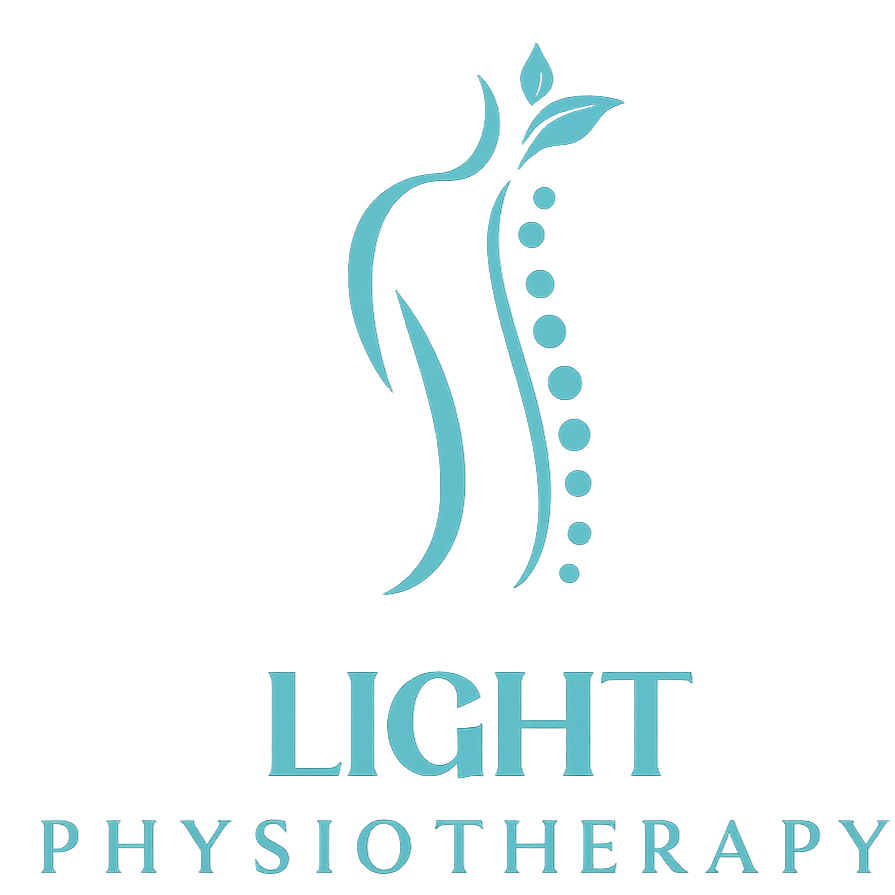 A stylized logo of a human spine with leaves at the top and a series of dots along the side, accompanied by the text 'Light Physiotherapy'.