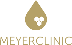 Meyer Clinic logo with a gold drop and black background