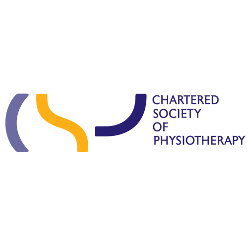 Logo of the Chartered Society of Physiotherapy with abstract shapes in purple and yellow.