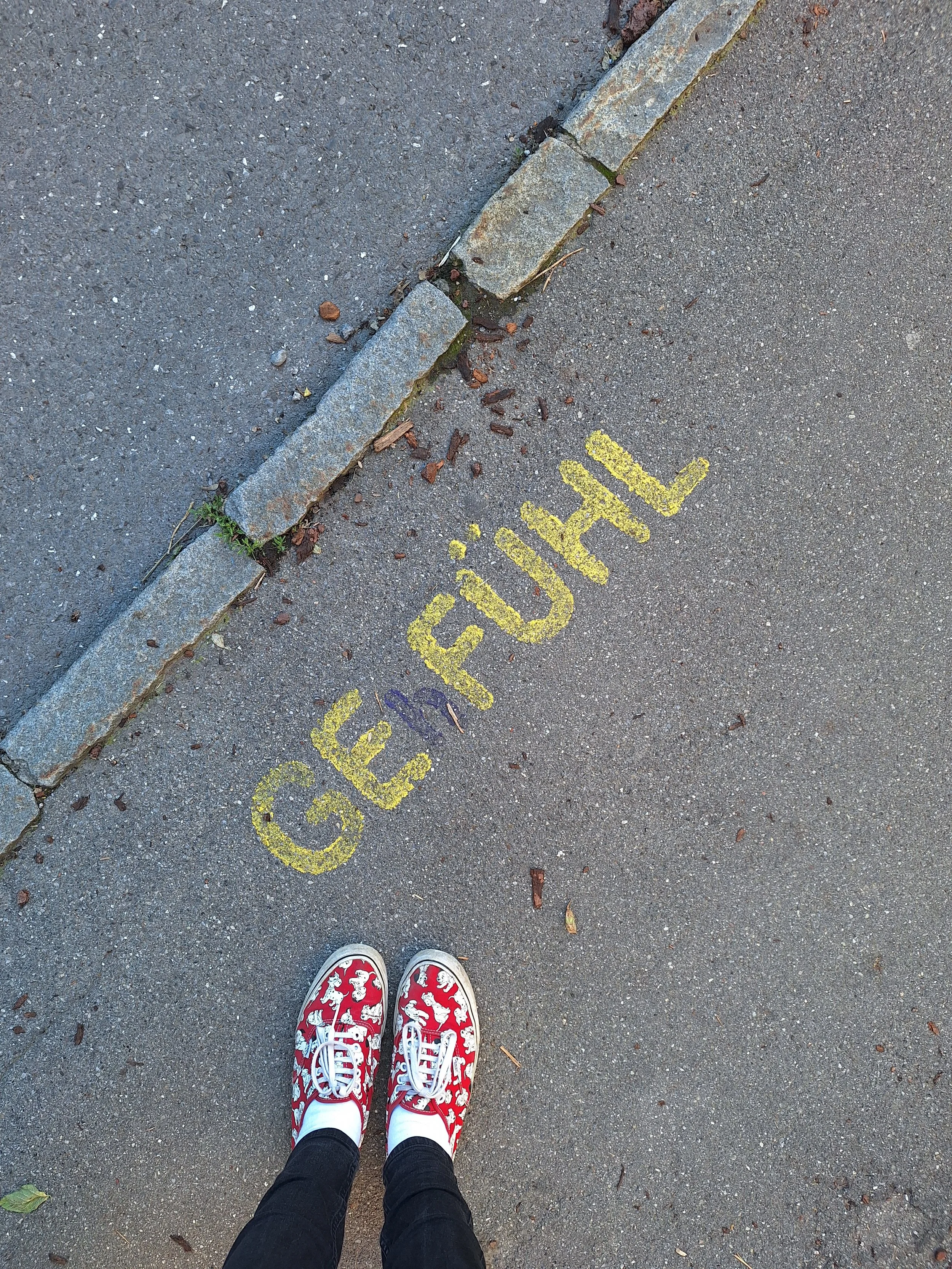 Blick auf die Füße einer Person, die auf der Straße steht, mit roten Sneakers mit weißen Hunden, schwarz-weißen Socken und schwarzen Hosen, daneben gelbe Straßenmarkierung mit dem Wort "Ge(h)fühl" und ein Bordstein mit Pflanzensprossen.