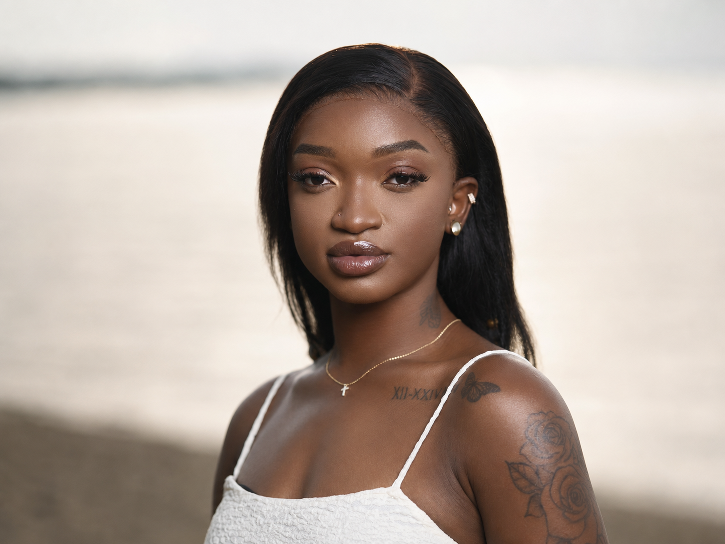 A young woman with medium skin tone, dark hair, and tattoos on her shoulder and chest, stands outdoors with a neutral expression. She is wearing a white spaghetti strap top and jewelry including earrings, a nose ring, a necklace with a cross, and a w