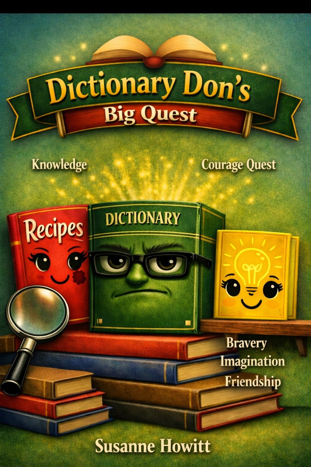 Book cover titled 'Dictionary Don's Big Quest' featuring anthropomorphic book characters with faces, including a red recipes book, a green dictionary with glasses, and a yellow lightbulb, along with a magnifying glass and stacks of books, with words like 'Knowledge', 'Courage Quest', 'Bravery', 'Imagination', and 'Friendship'.
