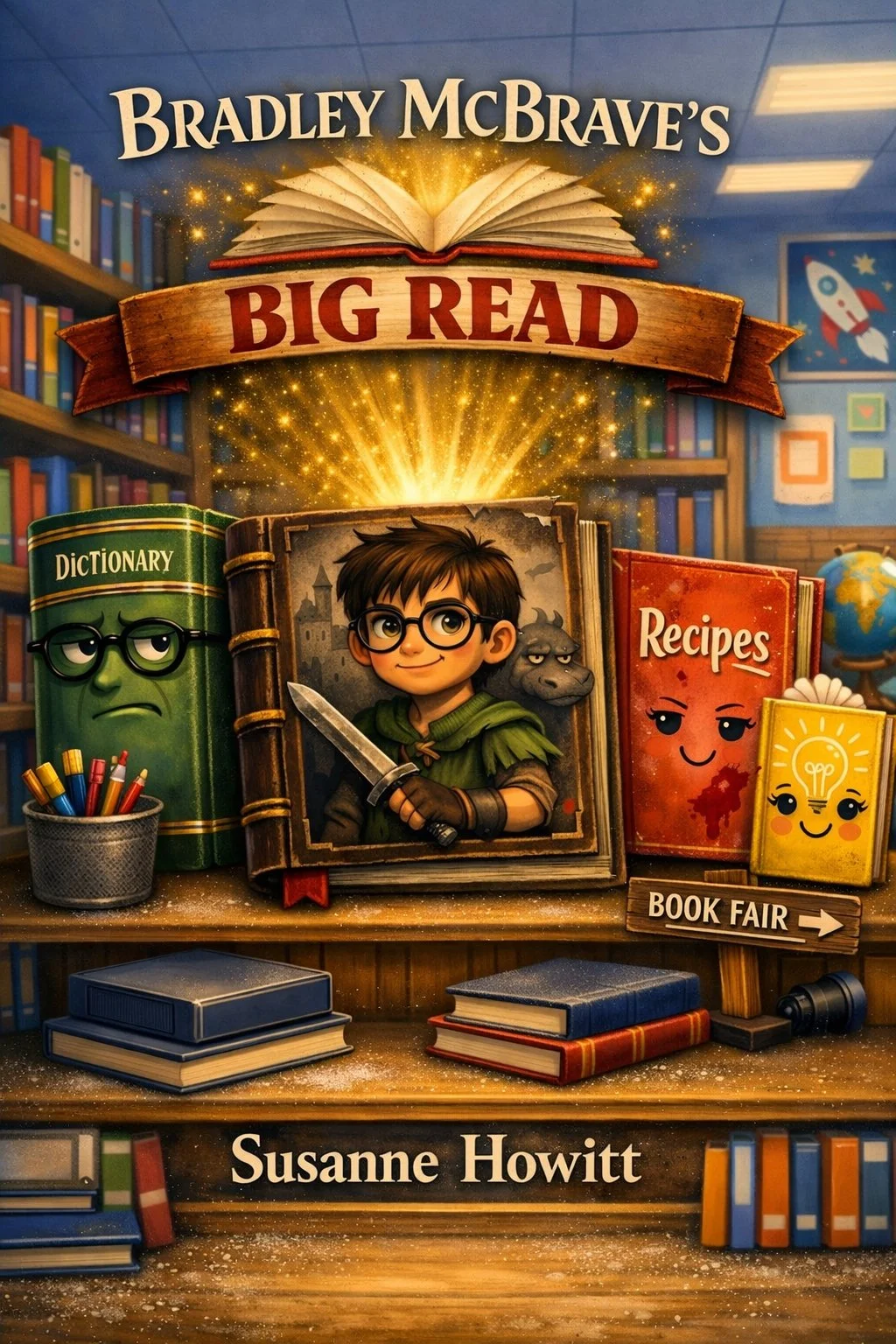 Book cover with titles "Big Read" by Bradley McBrave's, featuring a cartoon boy with glasses holding a sword, surrounded by books, a dictionary, a recipes book, and a yellow book with a light bulb illustration, set in a colorful library background.