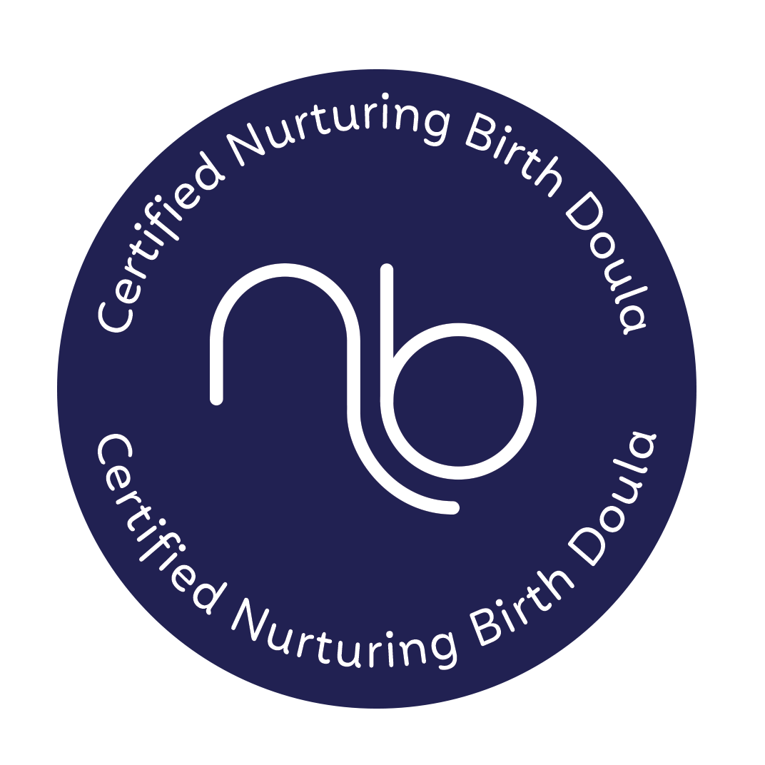 Certification badge with the text "Certified Nurturing Birth Doula" and a stylized N and B logo in the center on a dark blue background.