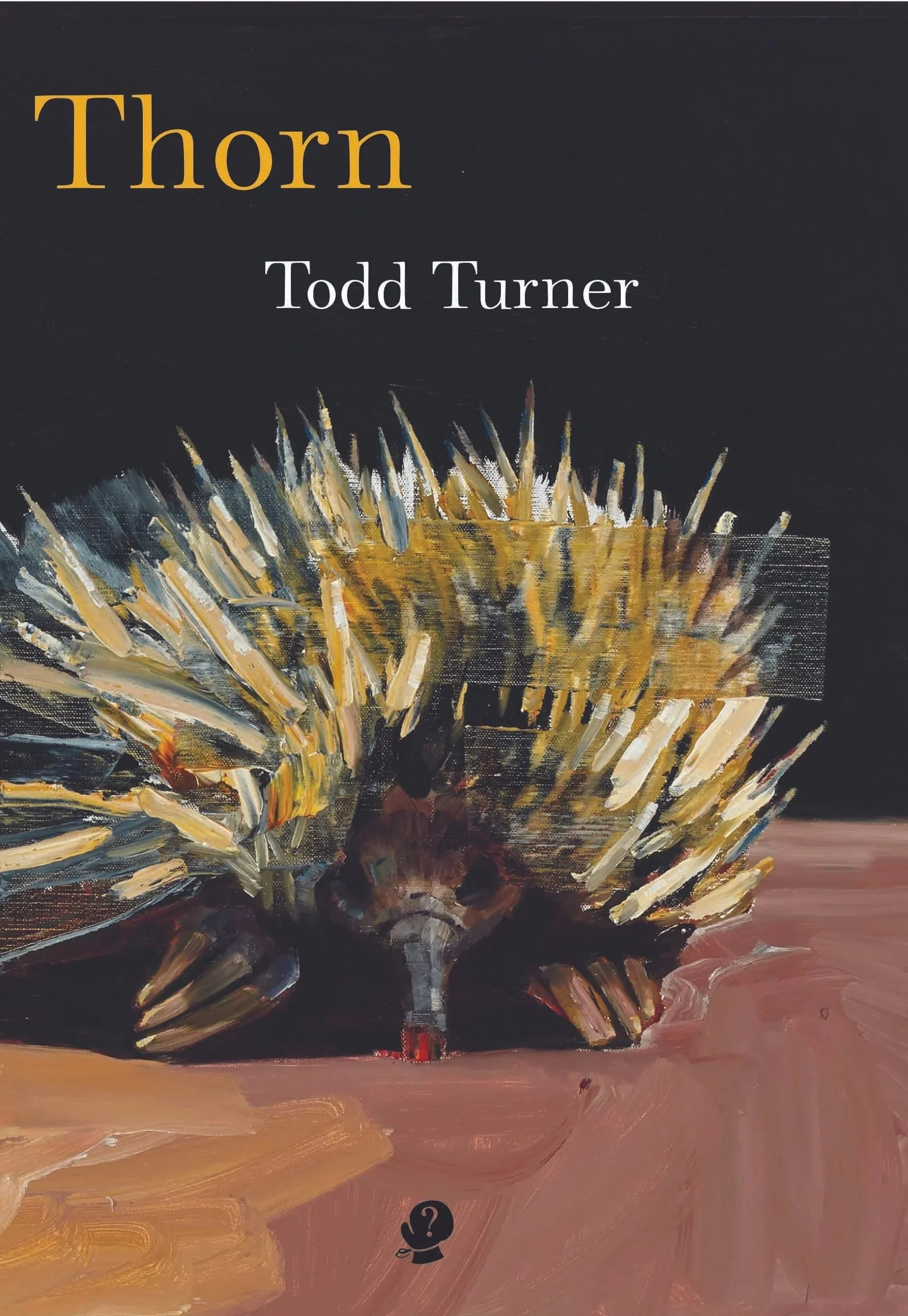 Close-up view of a painting of a Thorn bird with yellow and white feathers, set against a dark background and a pinkish-brown foreground.