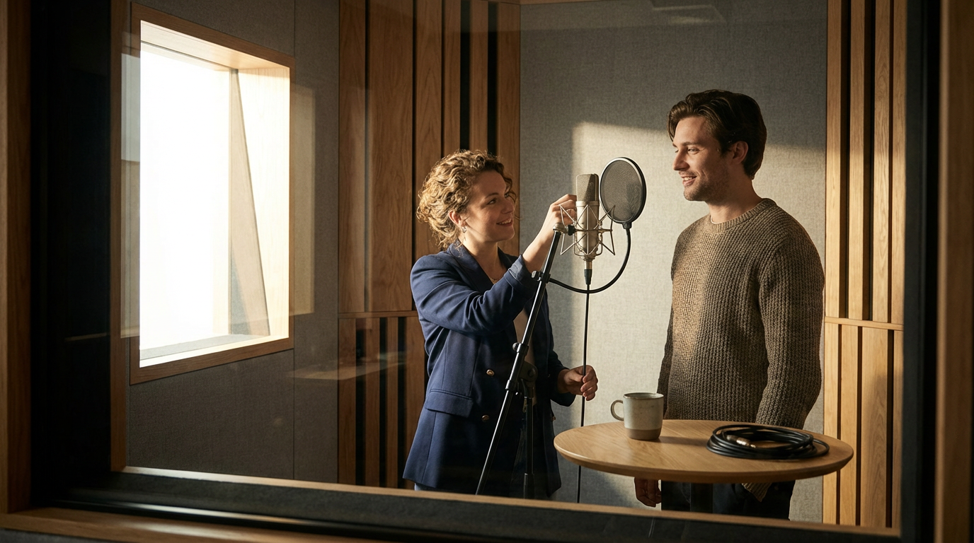 A woman and a man in a recording studio, standing near a microphone and a table with a coffee mug and headphones, smiling at each other.
