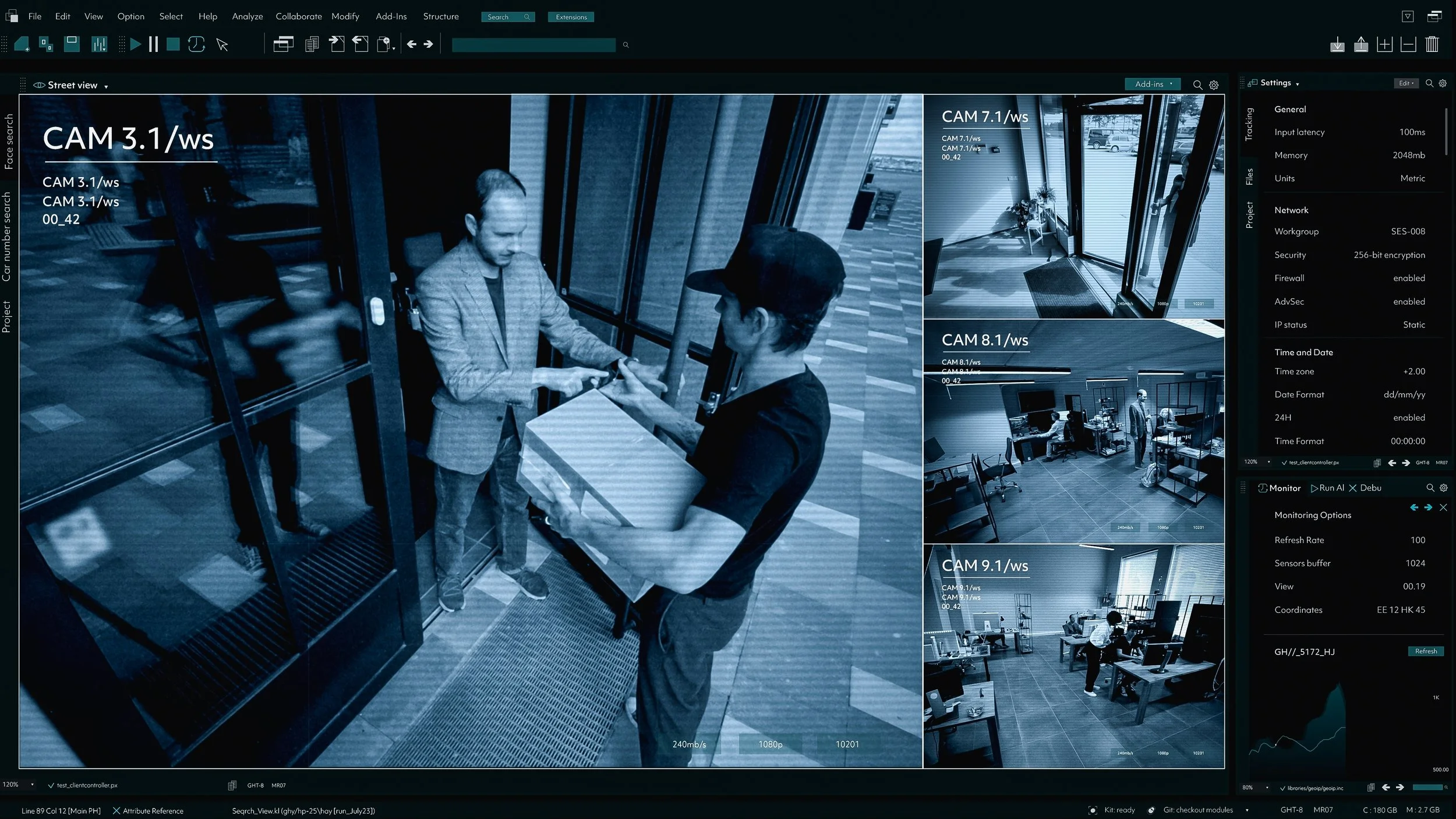 Surveillance camera monitoring interface showing two men shaking hands at a reception desk in an office. Multiple camera feeds and security settings displayed.