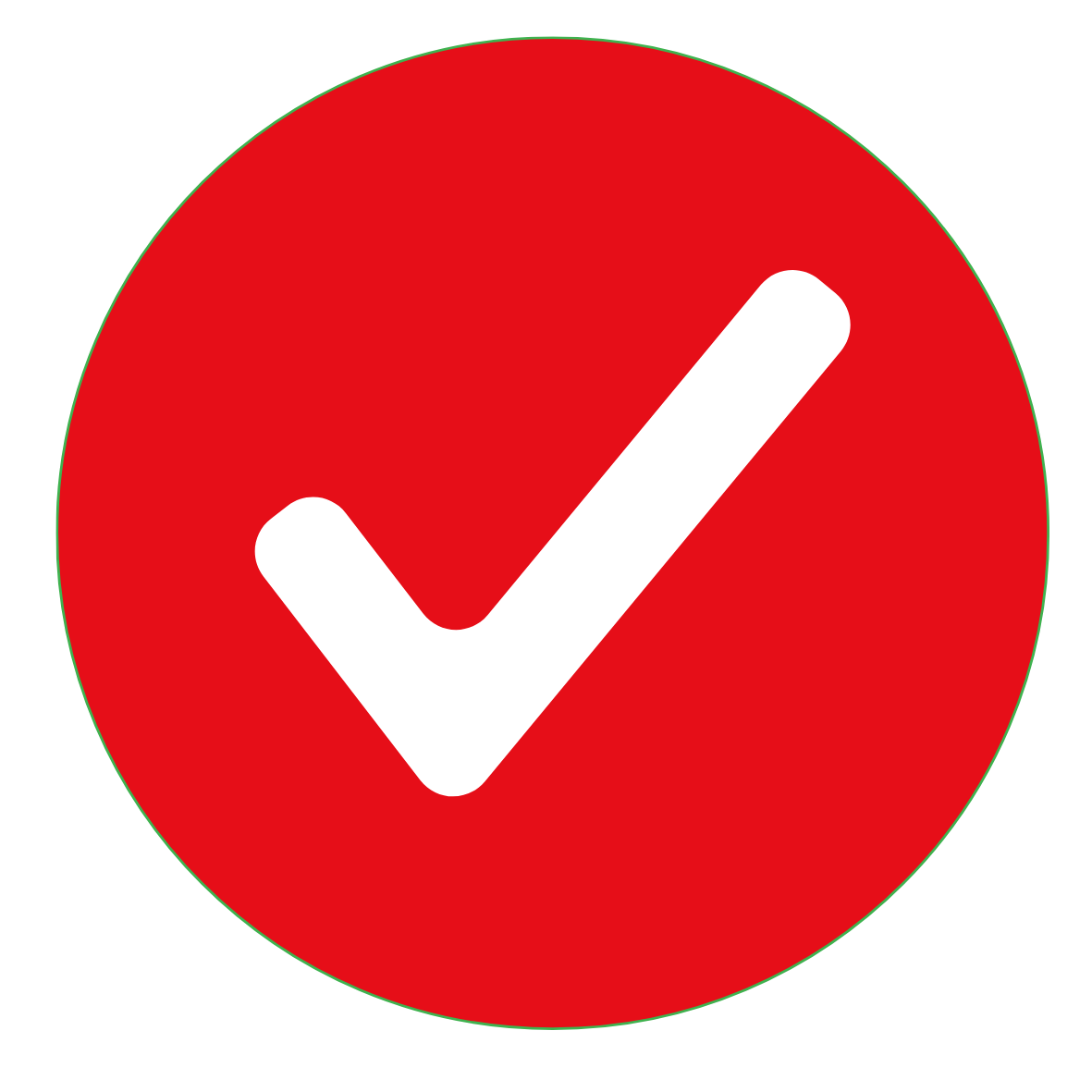 Red circular button with a white checkmark in the center.