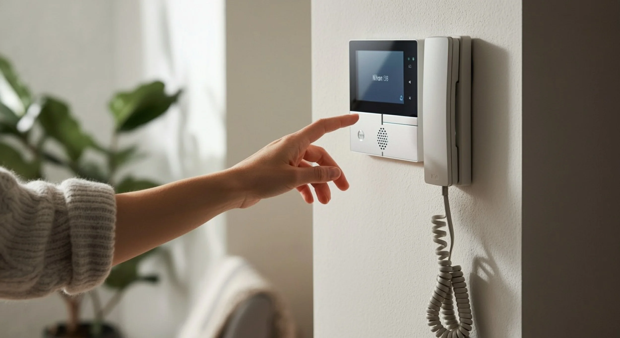 Person pressing a button on a wall-mounted device with a screen, next to a landline phone cord, in a well-lit room with a potted plant in the background.
