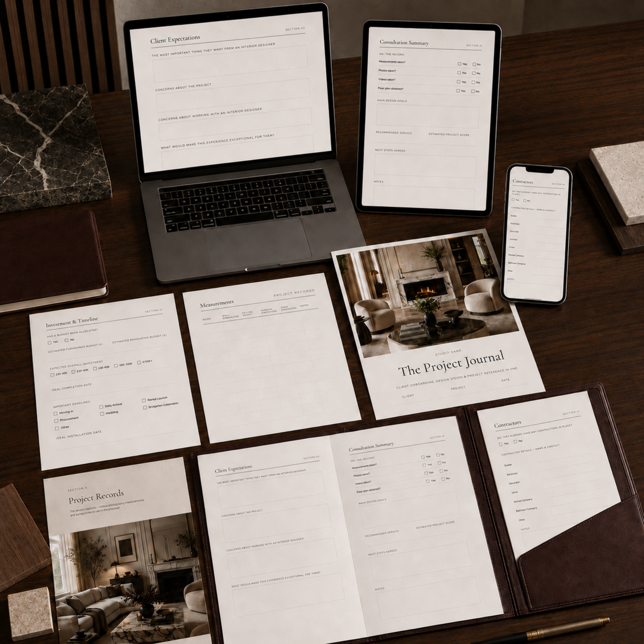 The Project Journal template shown on a laptop with printed pages