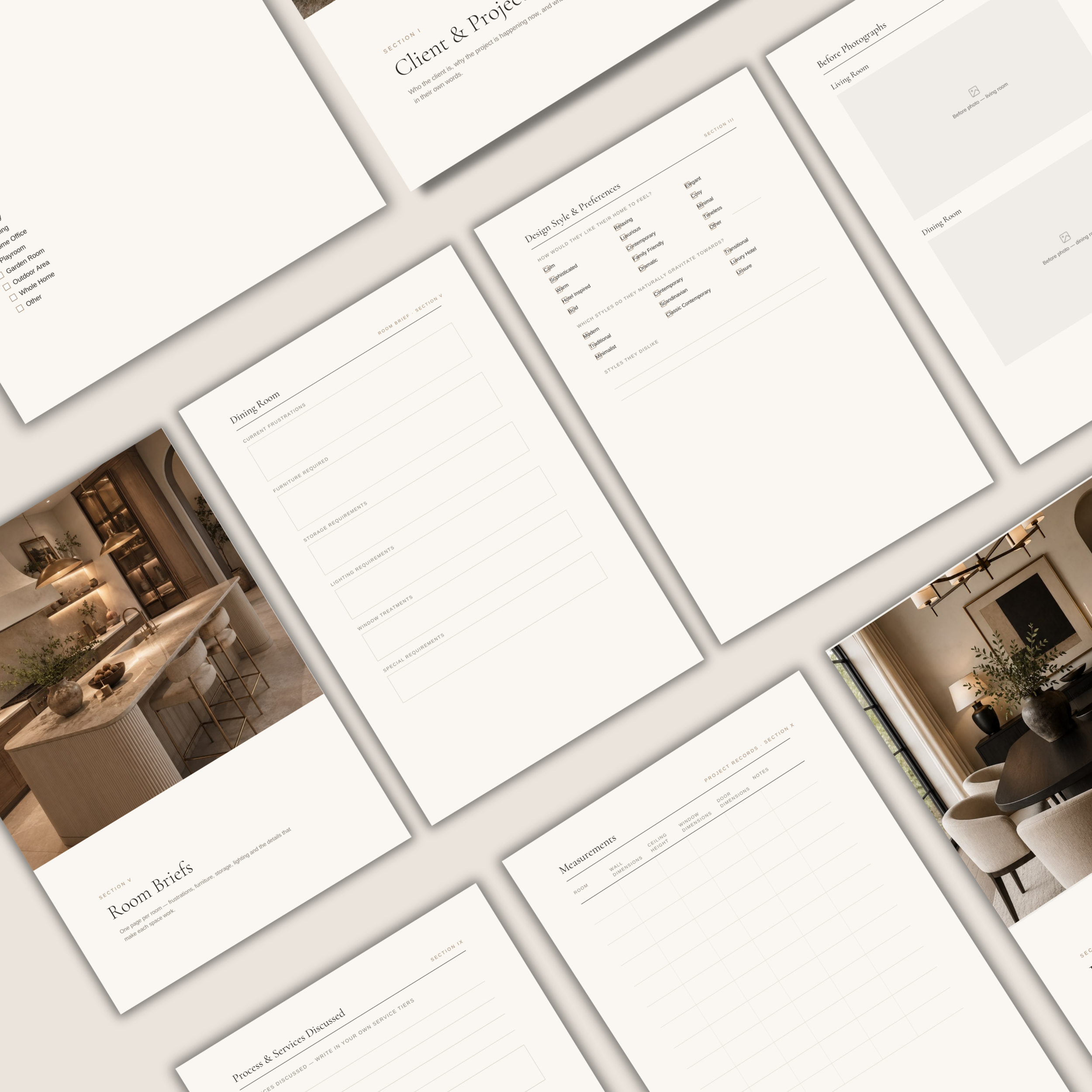 Spread of pages from the Project Journal template for interior designers