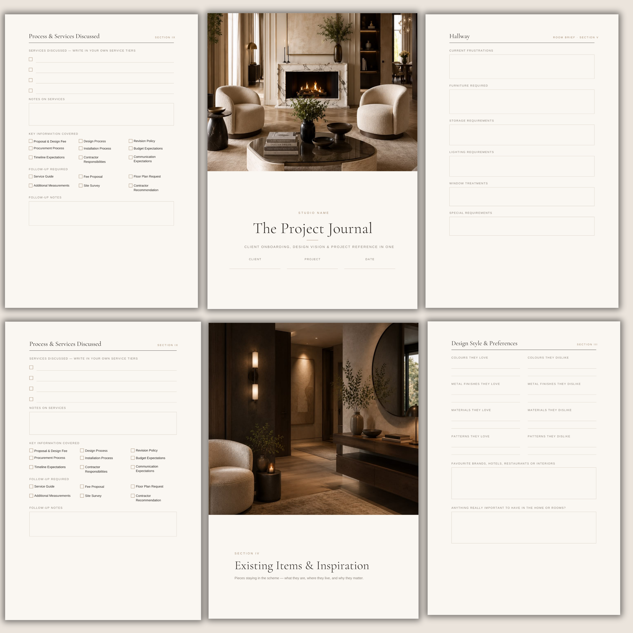Layout of pages from the Project Journal template for interior designers