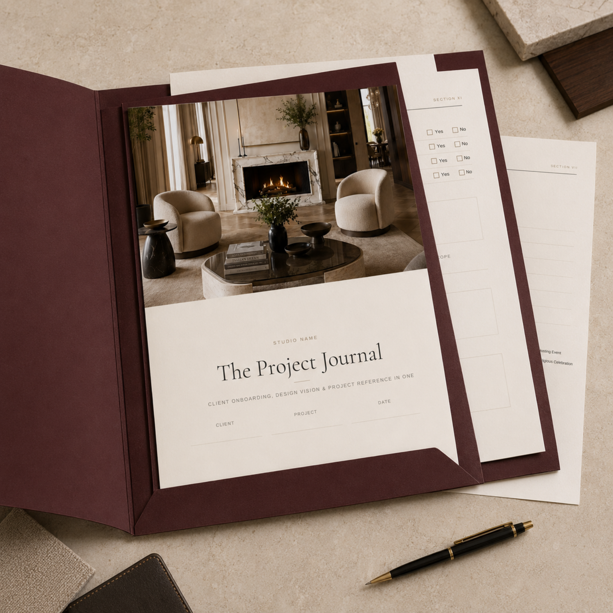 The Project Journal template cover shown with a pen