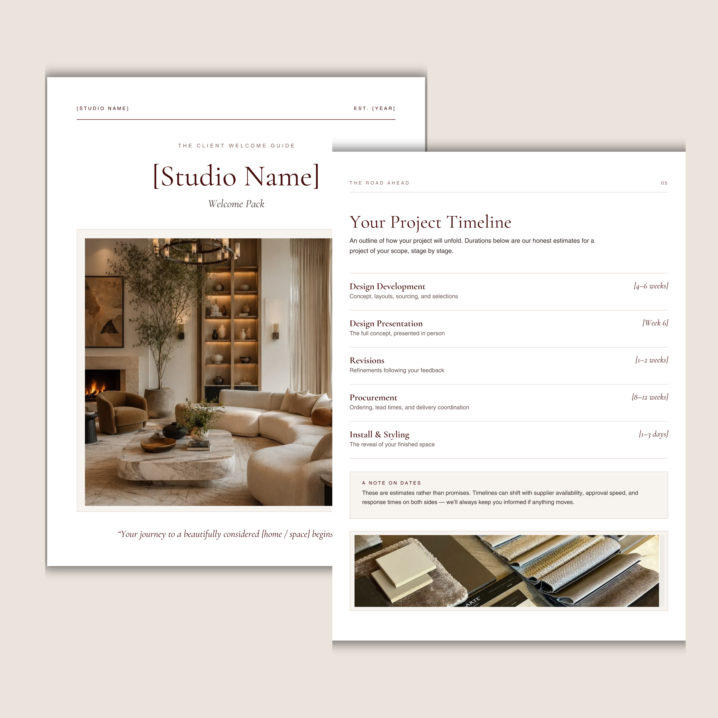 Project timeline pages from The Client Welcome Guide for interior design studios