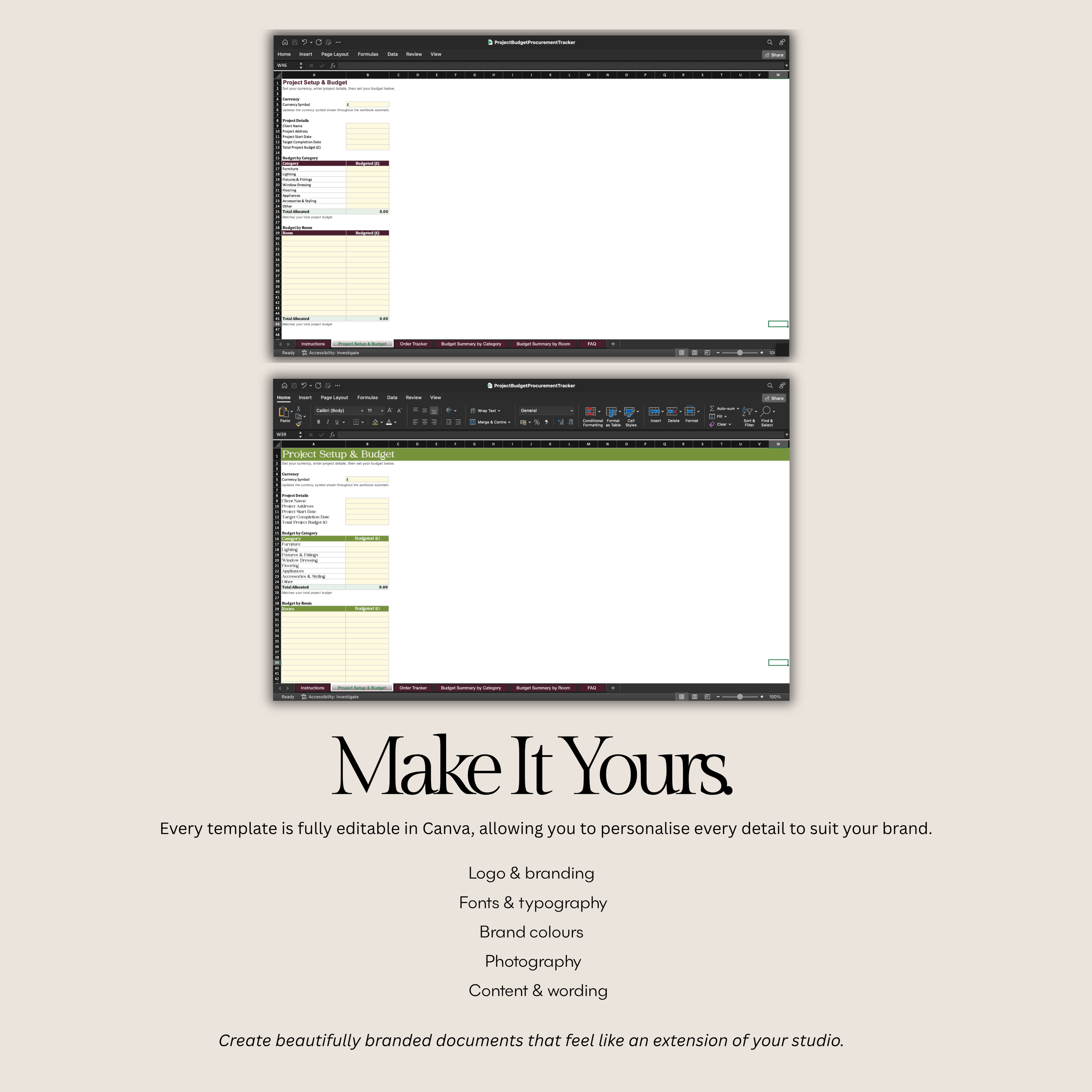 Make It Yours overview page of the Project Budget and Procurement Tracker