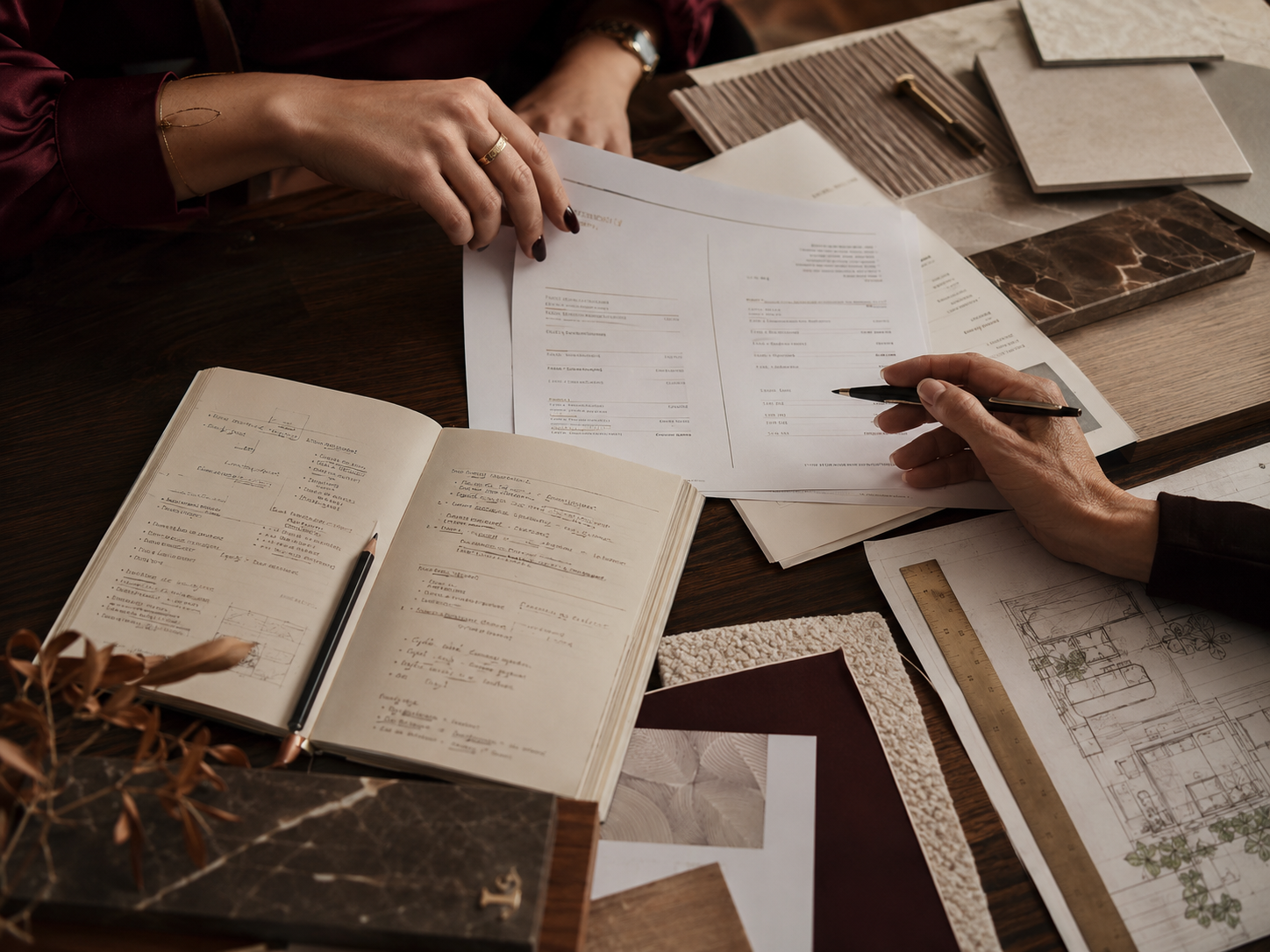 Two people reviewing printed documents and sketches on a wooden table, surrounded by design samples, notebooks, and a ruler.