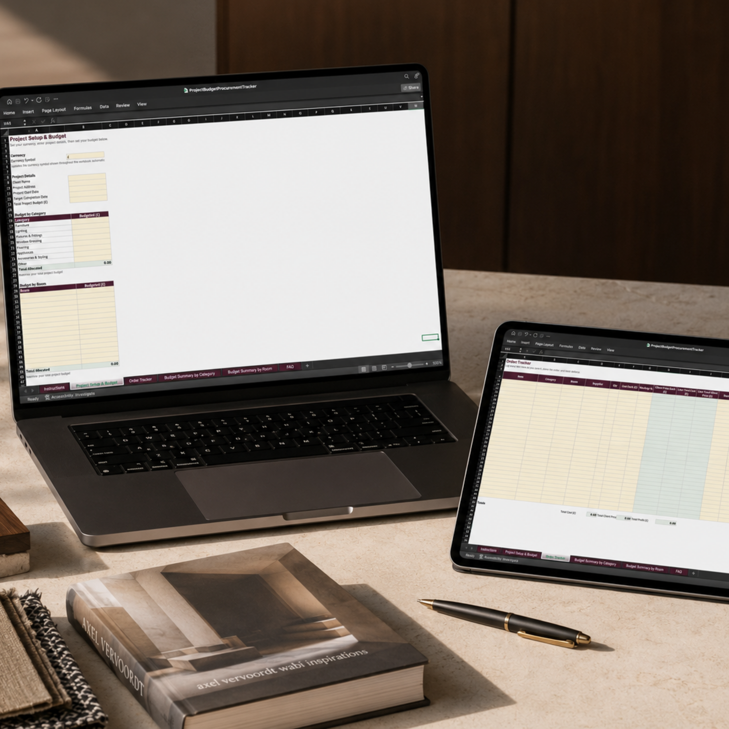 The Project Budget and Procurement Tracker for interior designers shown on a laptop and tablet