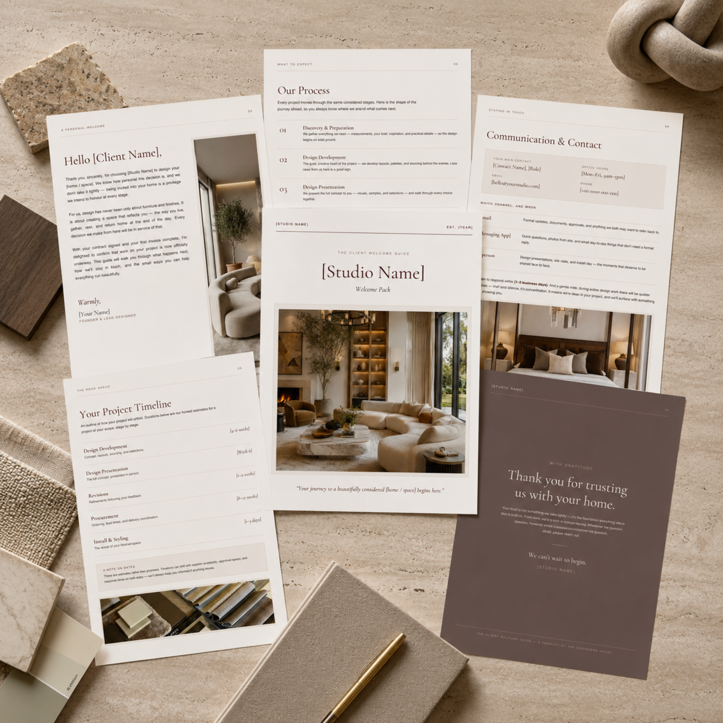 Printed pages of The Client Welcome Guide template for interior designers