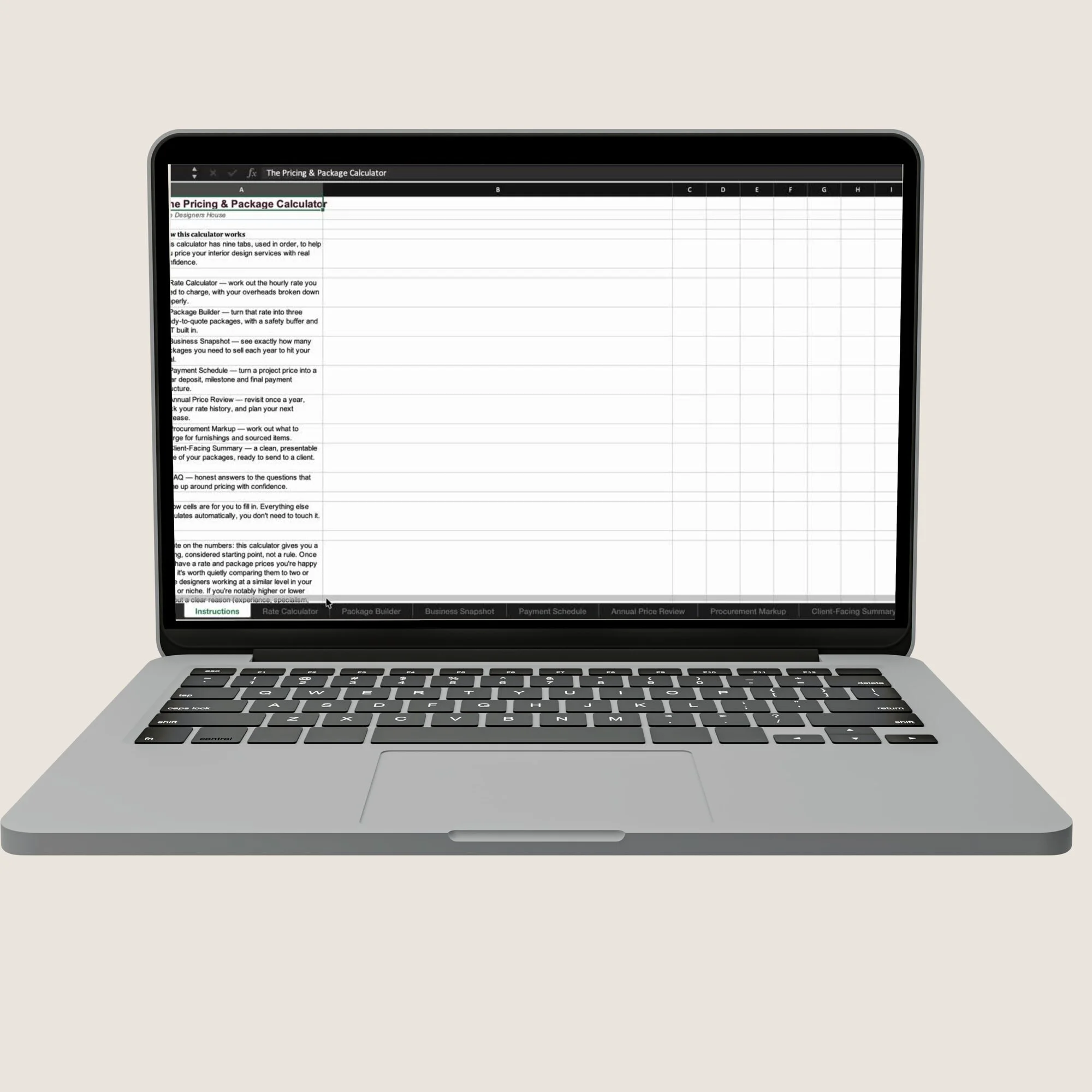 Pricing worksheet from the Pricing and Package Calculator on a laptop