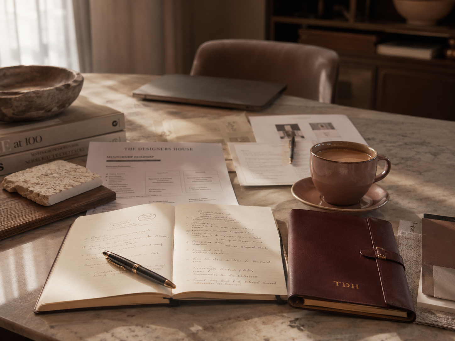 A marble table with notebooks, a cup of coffee, a pen, documents, a book, a magazine, and decorative items in a cozy room.