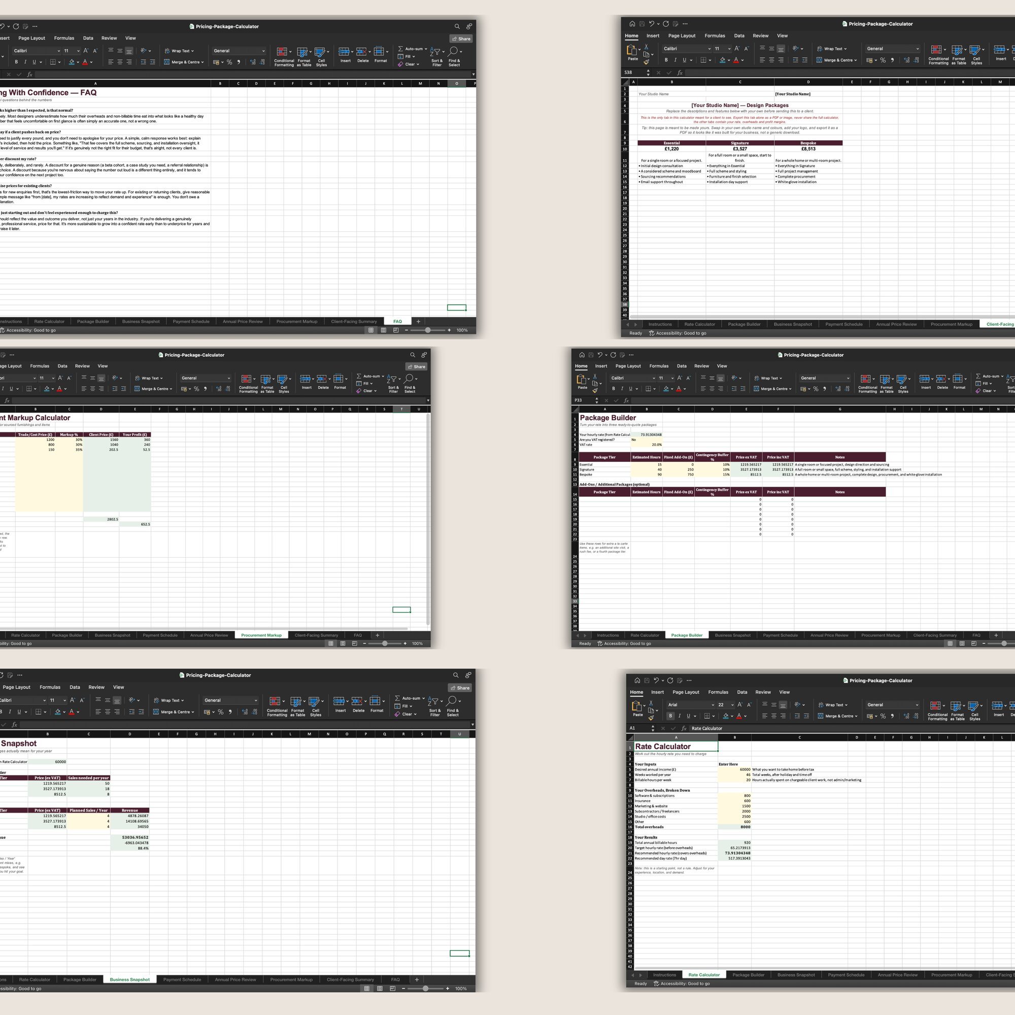 Multiple spreadsheet tabs from the Pricing and Package Calculator for interior designers