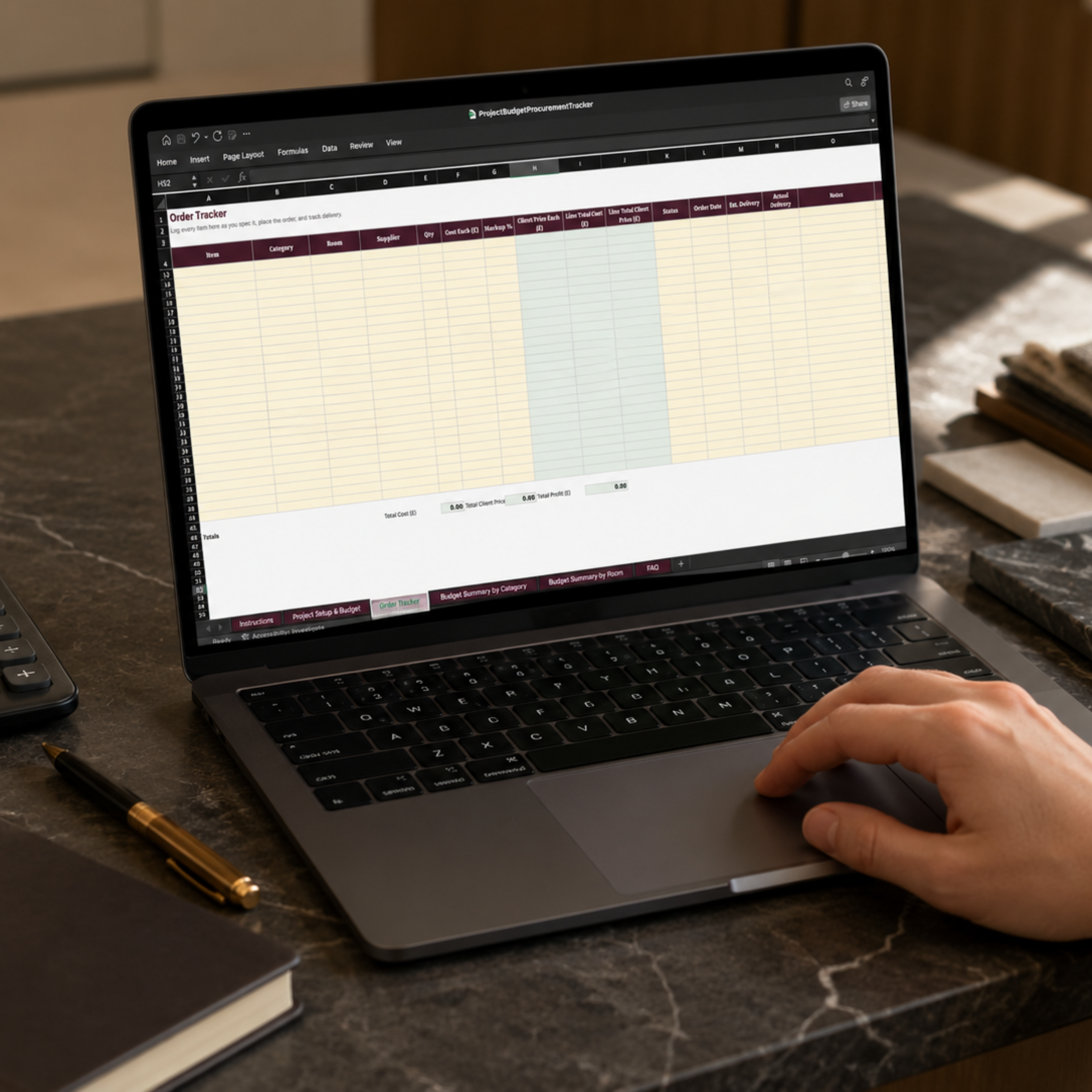 Interior designer using the Project Budget and Procurement Tracker spreadsheet on a laptop