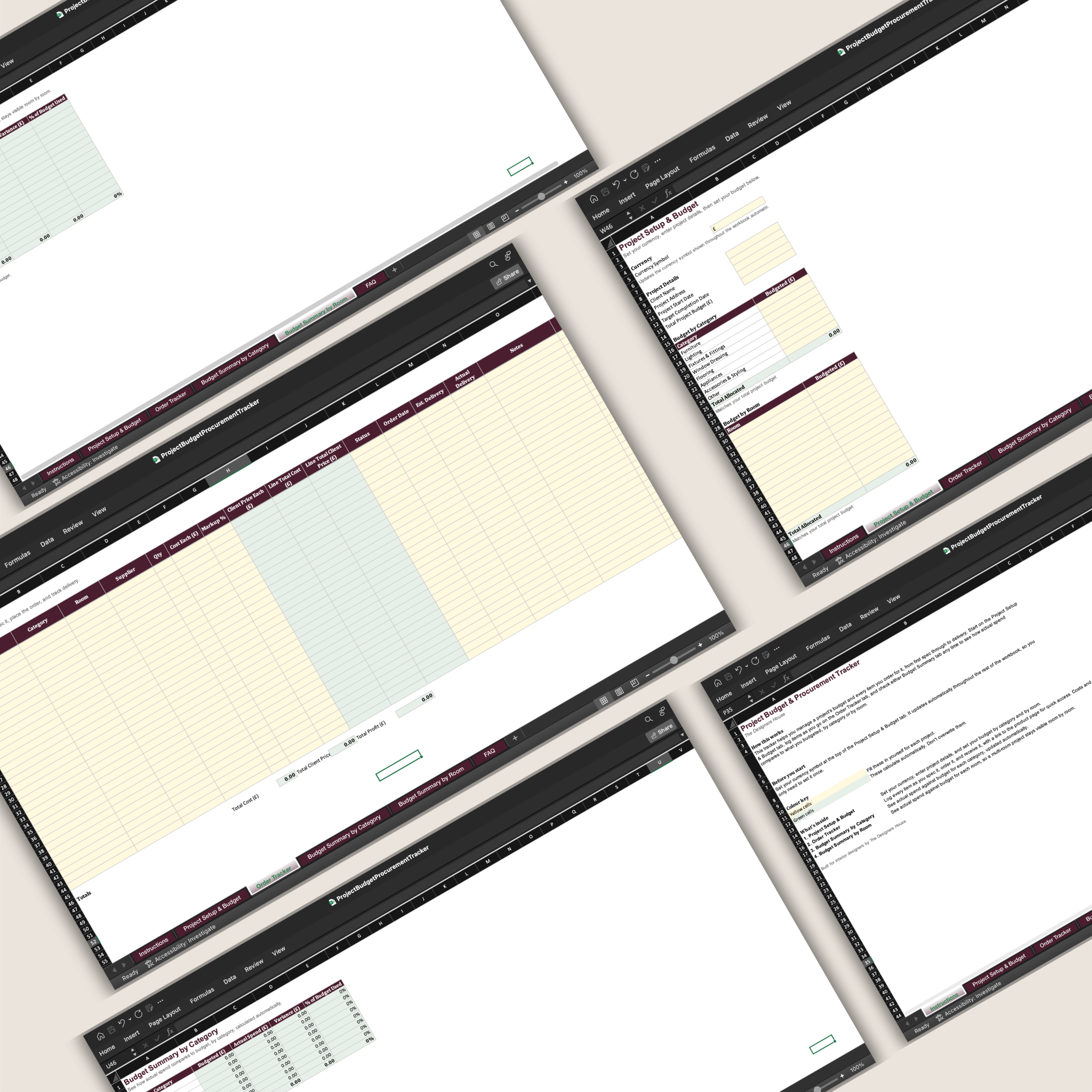 Collection of spreadsheet tabs from the Project Budget and Procurement Tracker