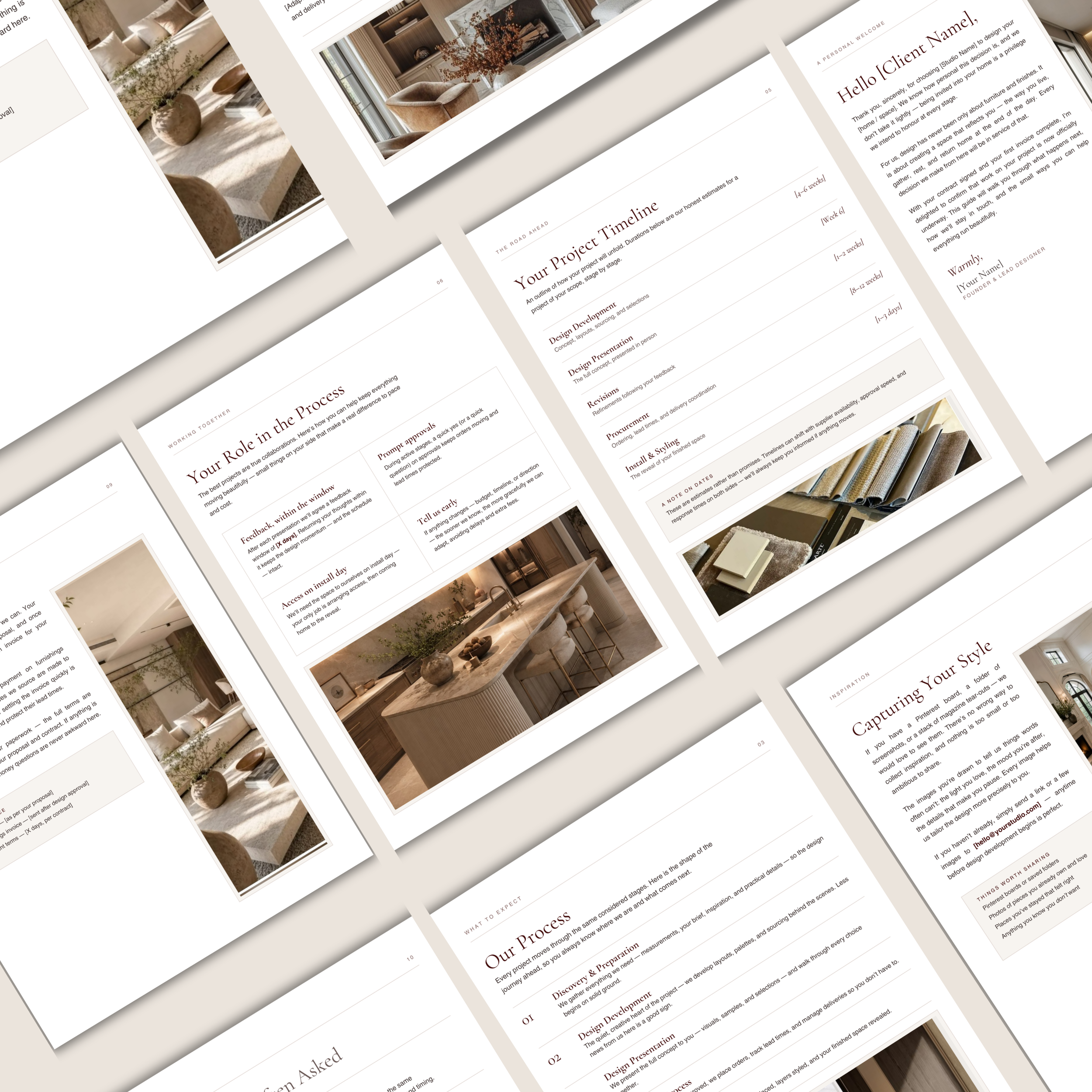 Spread of pages from The Client Welcome Guide template for interior designers
