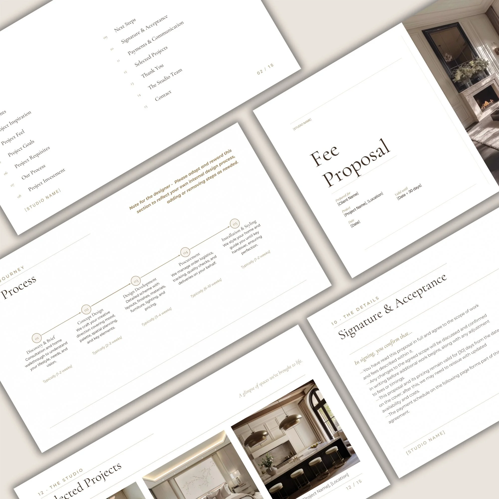 Layout of pages from the Fee Proposal template for interior designers