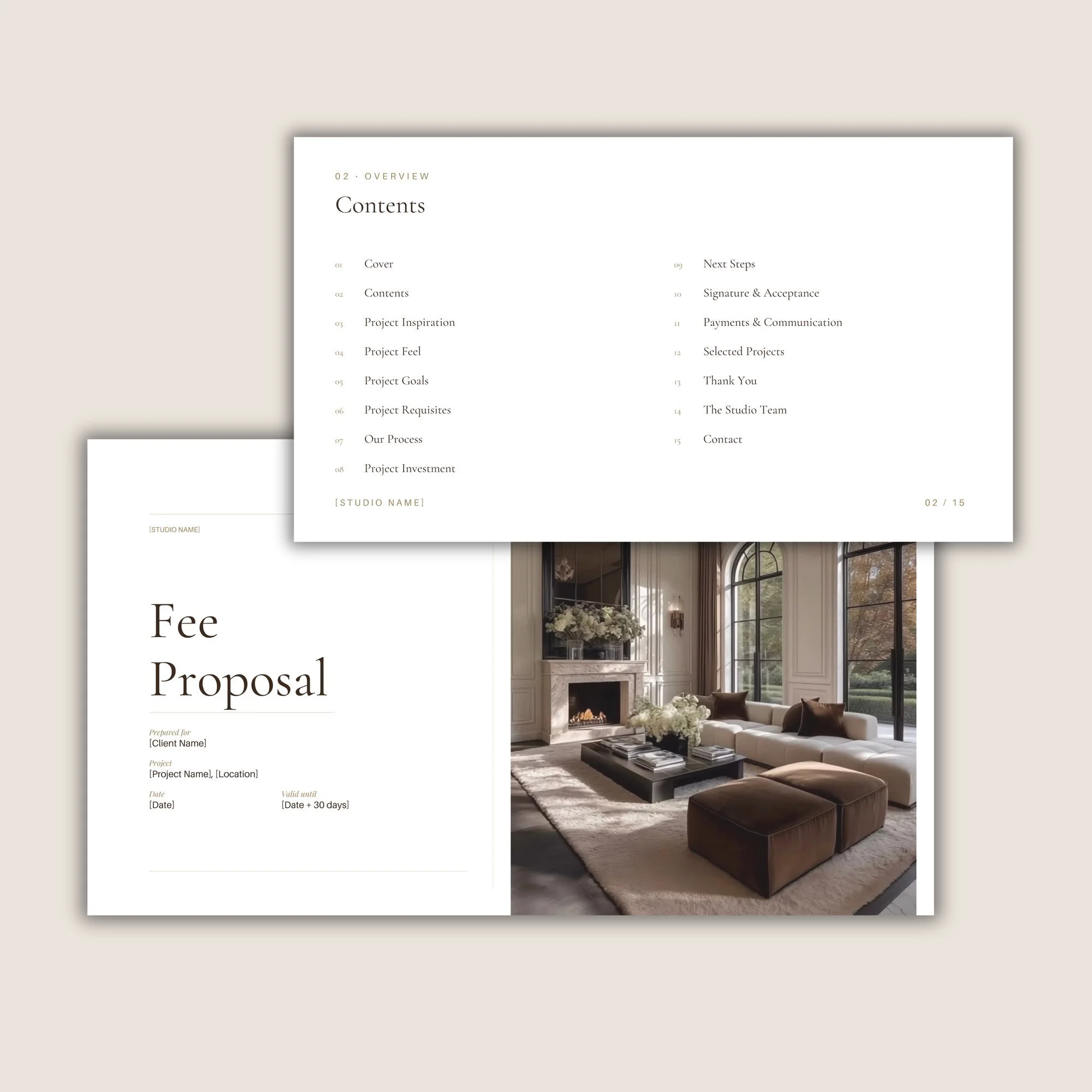 The Fee Proposal cover page for interior designers