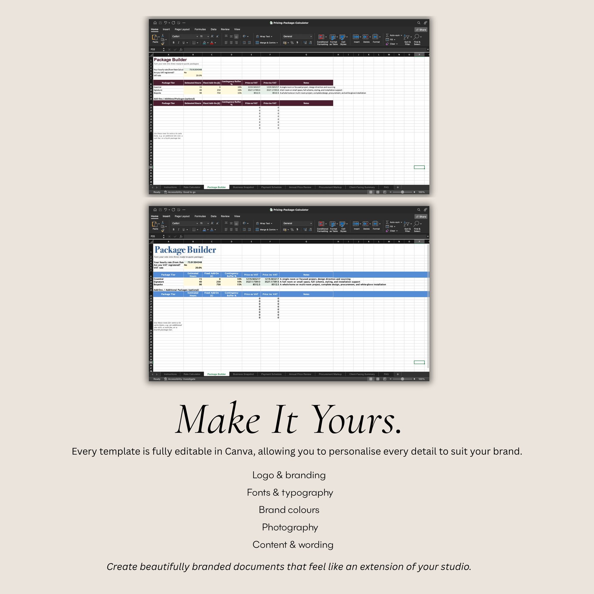 The Make It Yours customisation page from the Pricing and Package Calculator