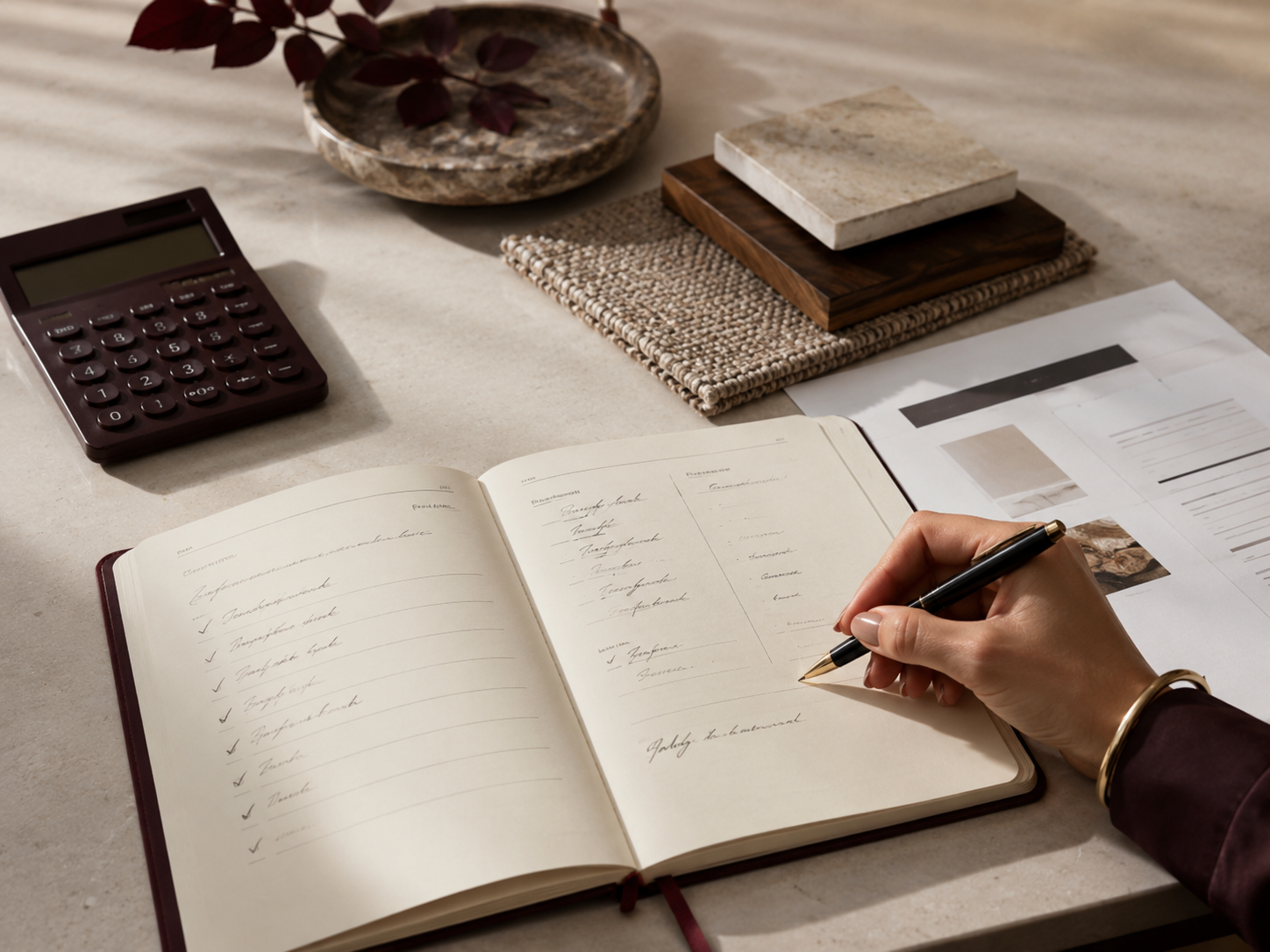 A person writes in a notebook with a gold and black pen, surrounded by a calculator, a dish with purple leaves, stacked marble and wood tiles, and printed documents and images on a beige surface.